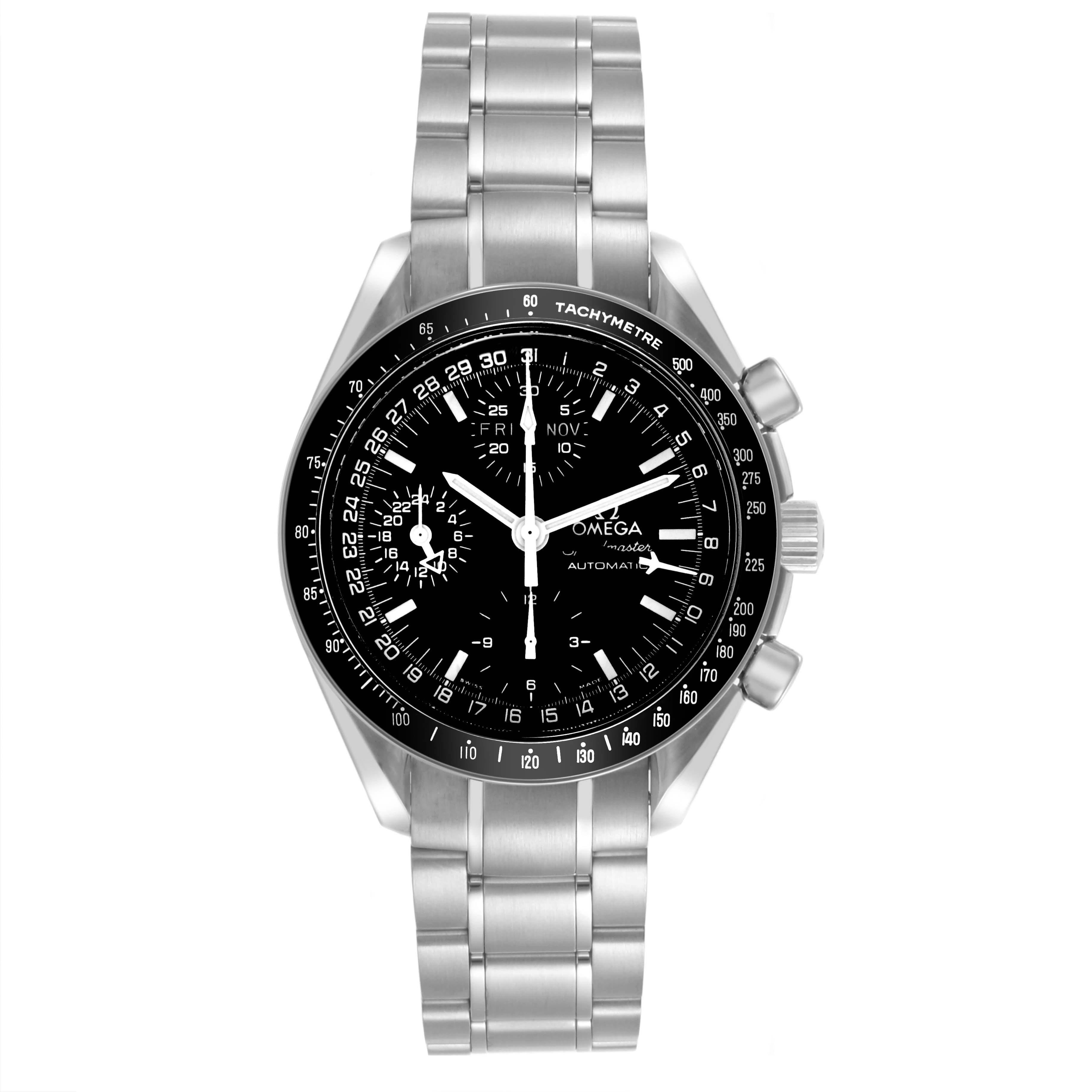 The Omega Speedmaster 3520.50.00 Men
s Stainless Steel Black Dial 3520.50.00 Men
s Stainless Steel Black Dial watch is shown from a top-down angle, displaying the full face, bezel, and metal bracelet.