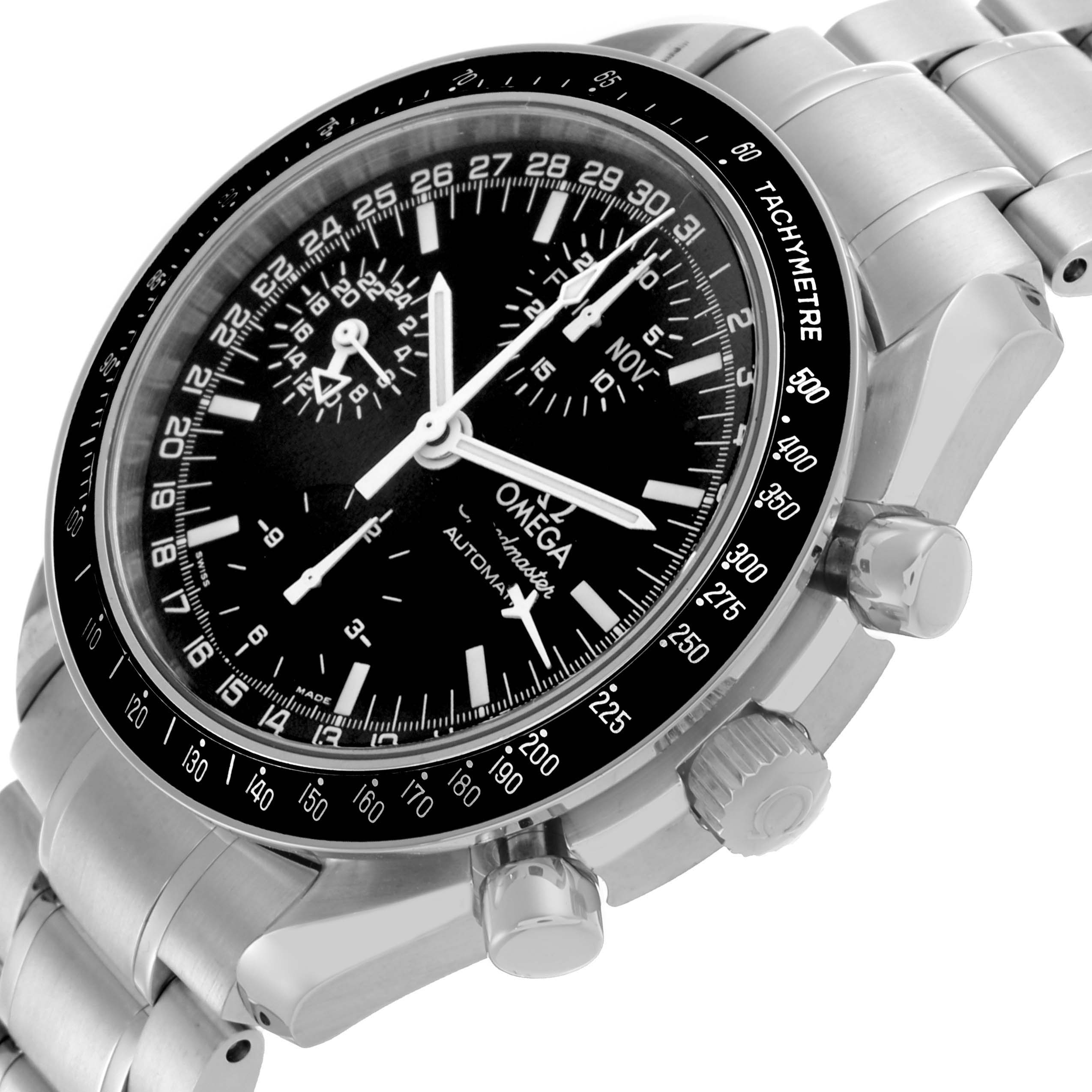 The Omega Speedmaster 3520.50.00 Men
s Stainless Steel Black Dial 3520.50.00 Men
s Stainless Steel Black Dial watch is shown from a slight side angle, displaying the dial, bezel, crown, and pushers.