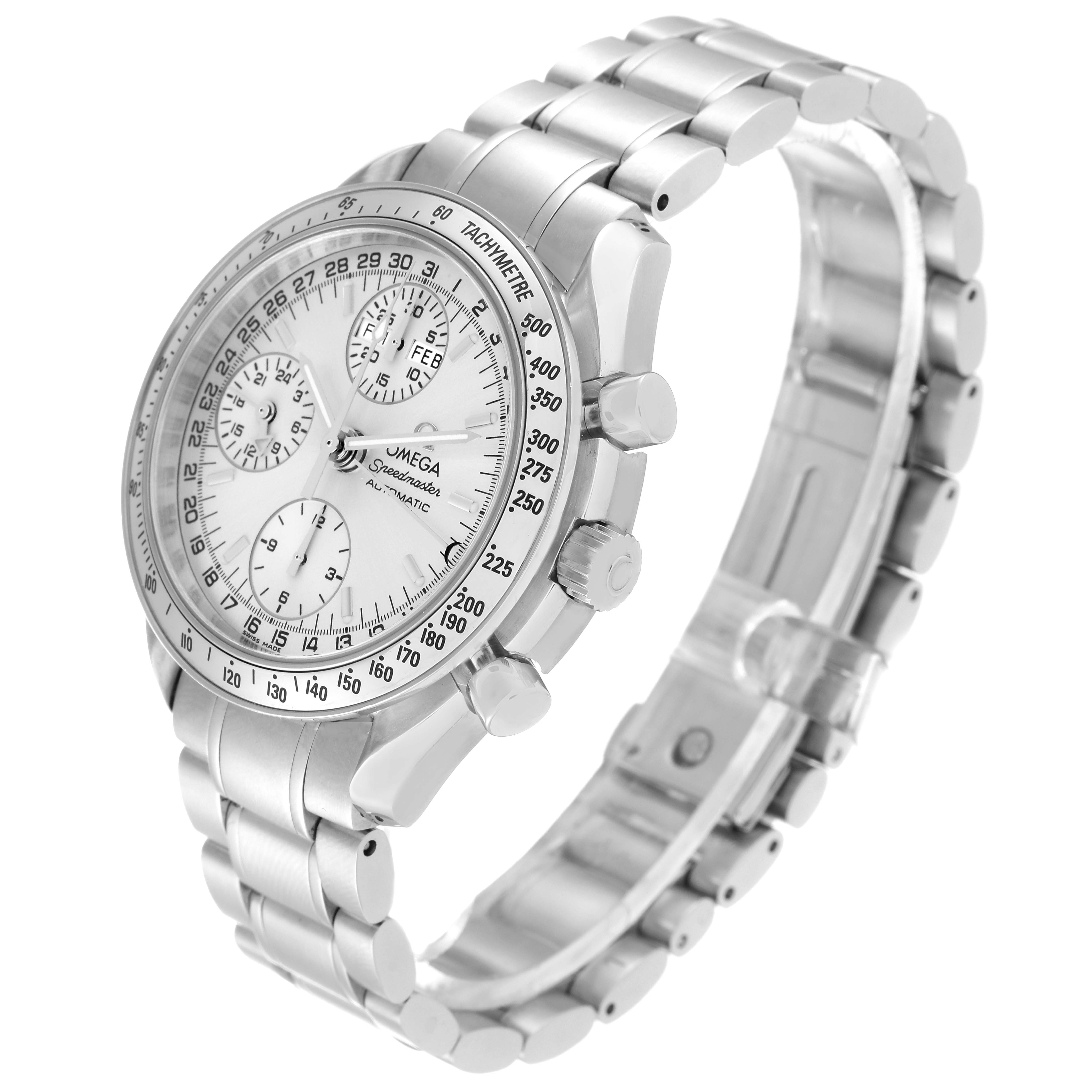 The Omega Speedmaster 3523.30.00 Men
s Stainless Steel Silver Dial 3523.30.00 Men
s Stainless Steel Silver Dial watch is shown at an angled view, displaying the face, bezel, sub-dials, case, and metal bracelet.