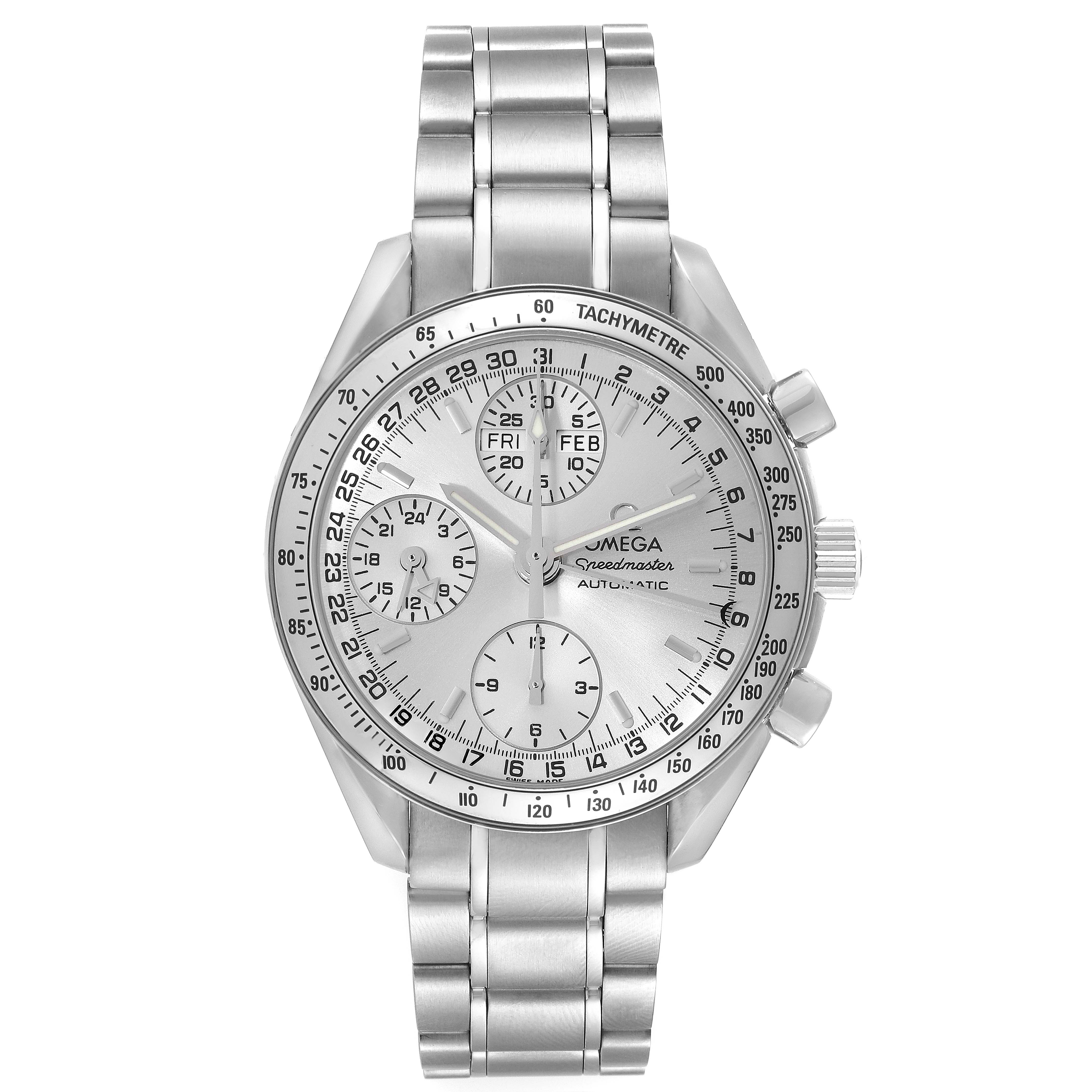 The image shows a frontal view of the Omega Speedmaster 3523.30.00 Men
s Stainless Steel Silver Dial 3523.30.00 Men
s Stainless Steel Silver Dial watch, highlighting its dial, bezel, and stainless steel bracelet.