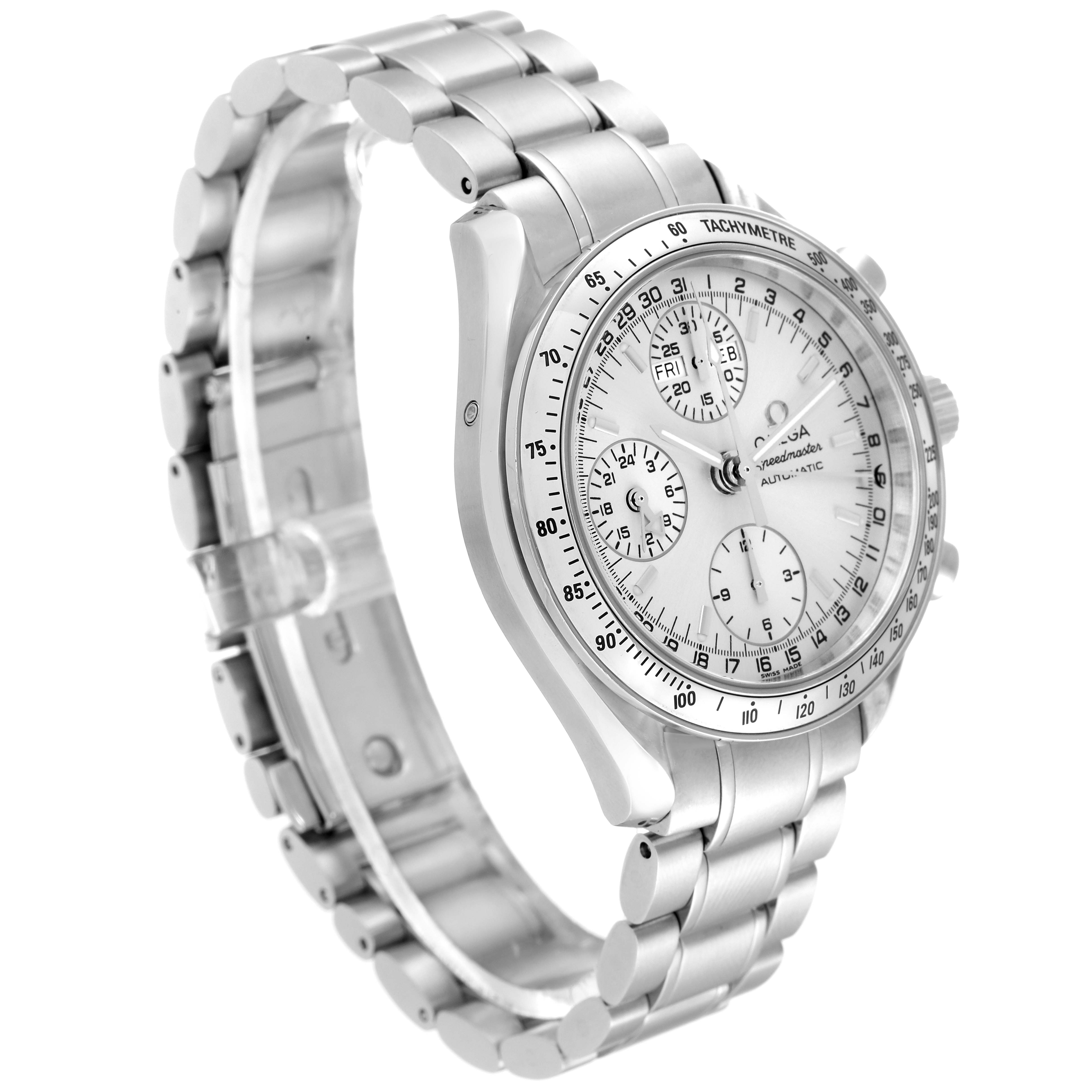 This image shows an Omega Speedmaster 3523.30.00 Men
s Stainless Steel Silver Dial 3523.30.00 Men
s Stainless Steel Silver Dial watch at a three-quarter angle, displaying its face and metal bracelet.