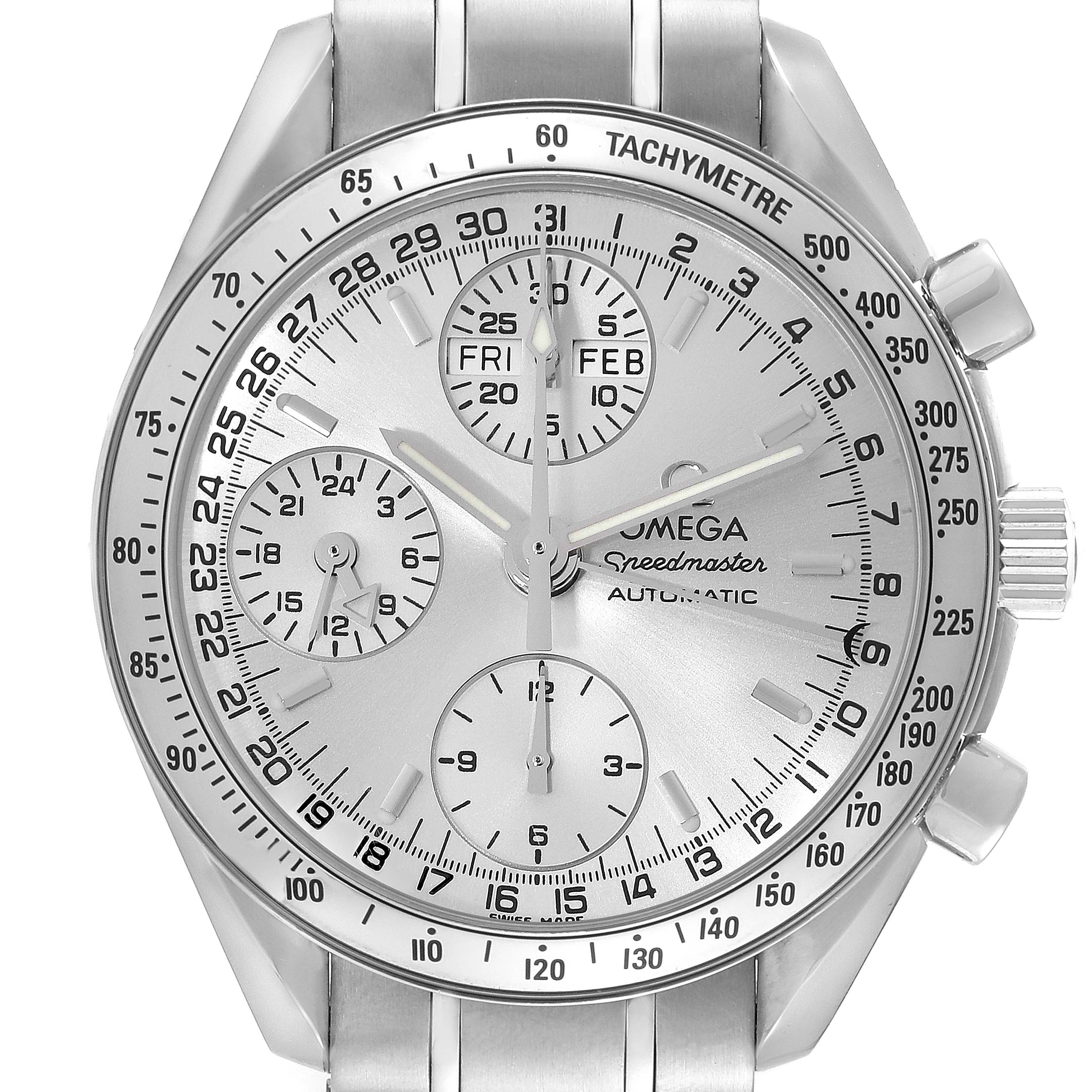 The image shows a frontal view of the Omega Speedmaster 3523.30.00 Men
s Stainless Steel Silver Dial 3523.30.00 Men
s Stainless Steel Silver Dial watch, highlighting its dial, sub-dials, tachymeter bezel, and pushers.