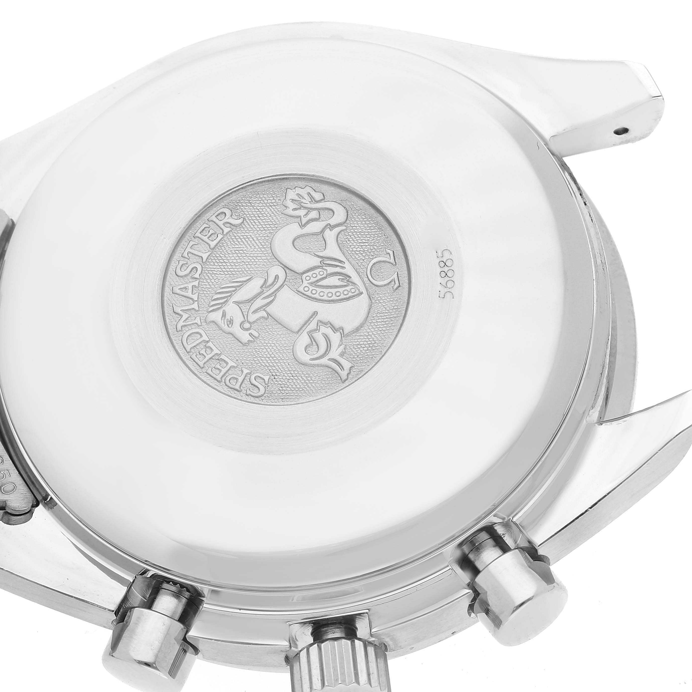 The image shows the case back, crown, and pushers of an Omega Speedmaster 3523.30.00 Men
s Stainless Steel Silver Dial 3523.30.00 Men
s Stainless Steel Silver Dial watch from a side angle.