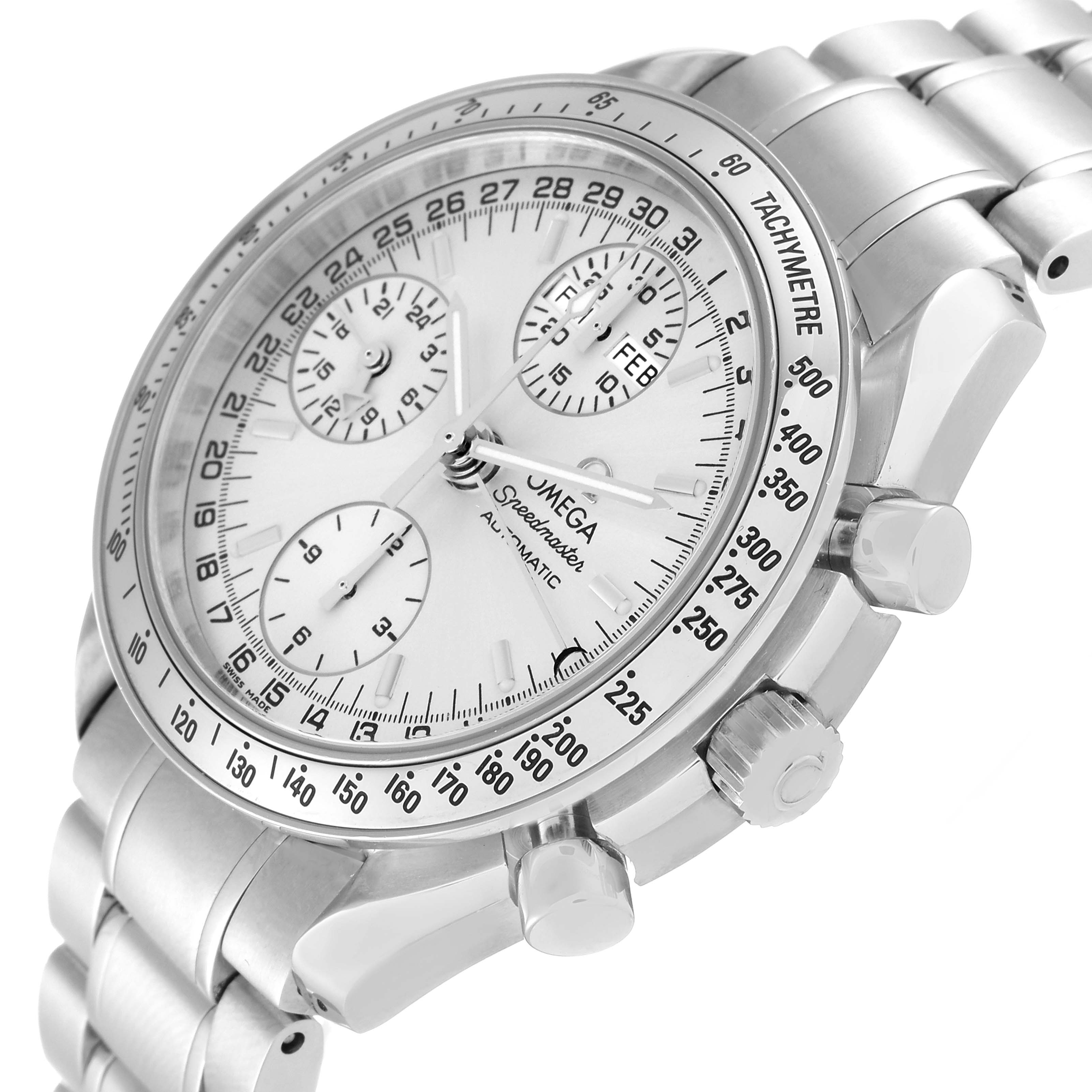 The image shows a side angle of the Omega Speedmaster 3523.30.00 Men
s Stainless Steel Silver Dial 3523.30.00 Men
s Stainless Steel Silver Dial watch, highlighting its dial, bezel, subdials, and bracelet.