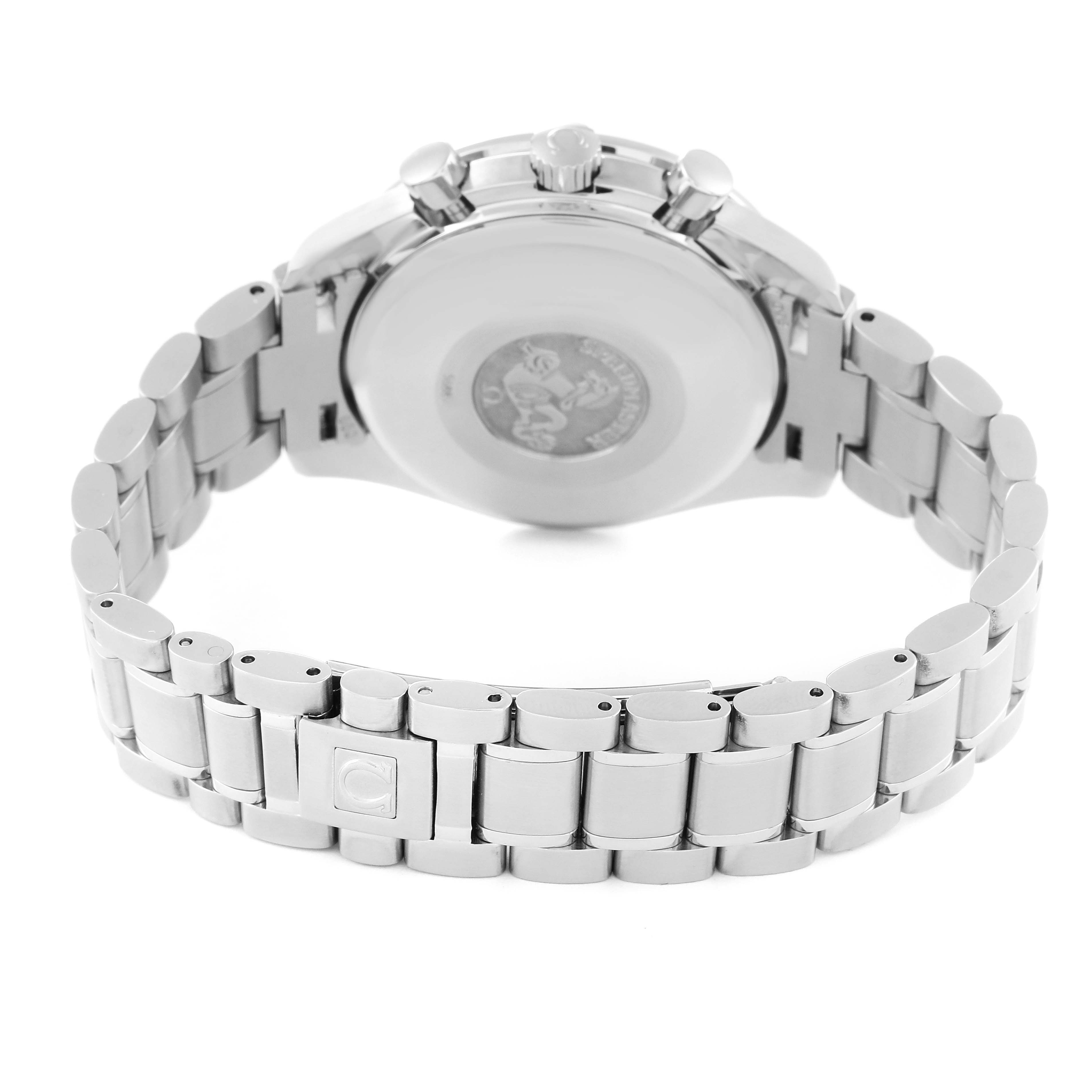 The image shows the back view of an Omega Speedmaster 3523.30.00 Men
s Stainless Steel Silver Dial 3523.30.00 Men
s Stainless Steel Silver Dial watch, focusing on the bracelet and the case back.