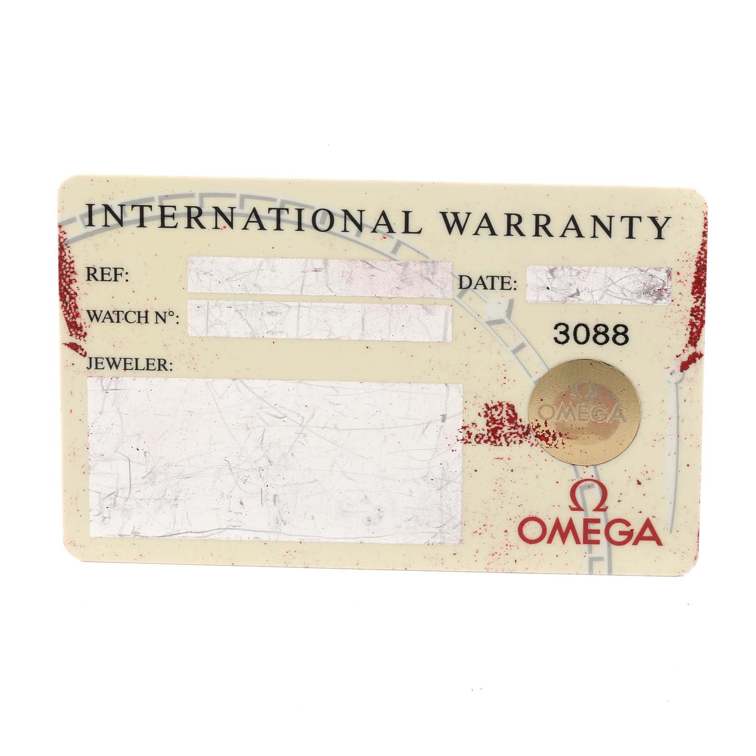 The image shows an International Warranty card for the Omega Speedmaster 3520.53.00 Men's Stainless Steel Grey Dial 3520.53.00 Men's Stainless Steel Grey Dial watch.