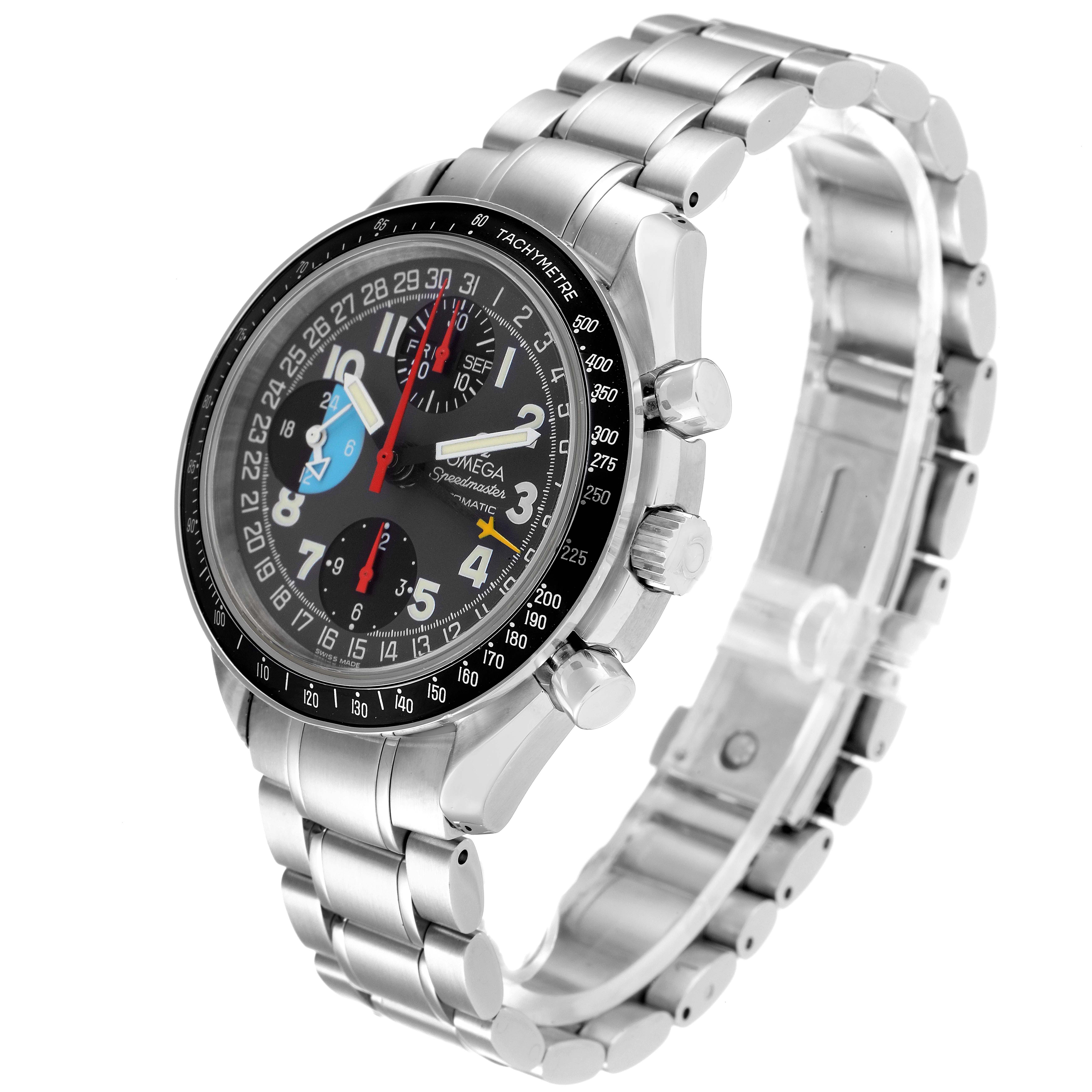 The Omega Speedmaster 3520.53.00 Men's Stainless Steel Grey Dial 3520.53.00 Men's Stainless Steel Grey Dial watch is shown at a front-left angle, displaying the dial, bezel, case, and bracelet.