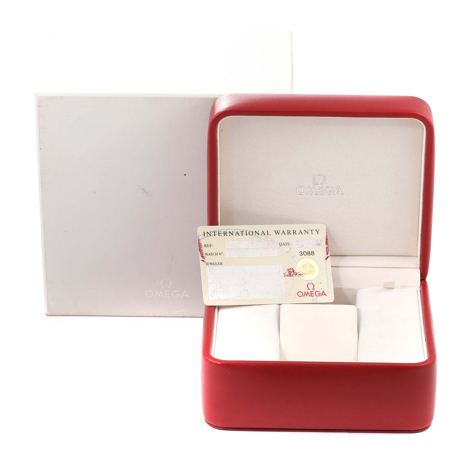 The image shows an Omega Speedmaster 3520.53.00 Men's Stainless Steel Grey Dial 3520.53.00 Men's Stainless Steel Grey Dial watch box with an International Warranty card in front.