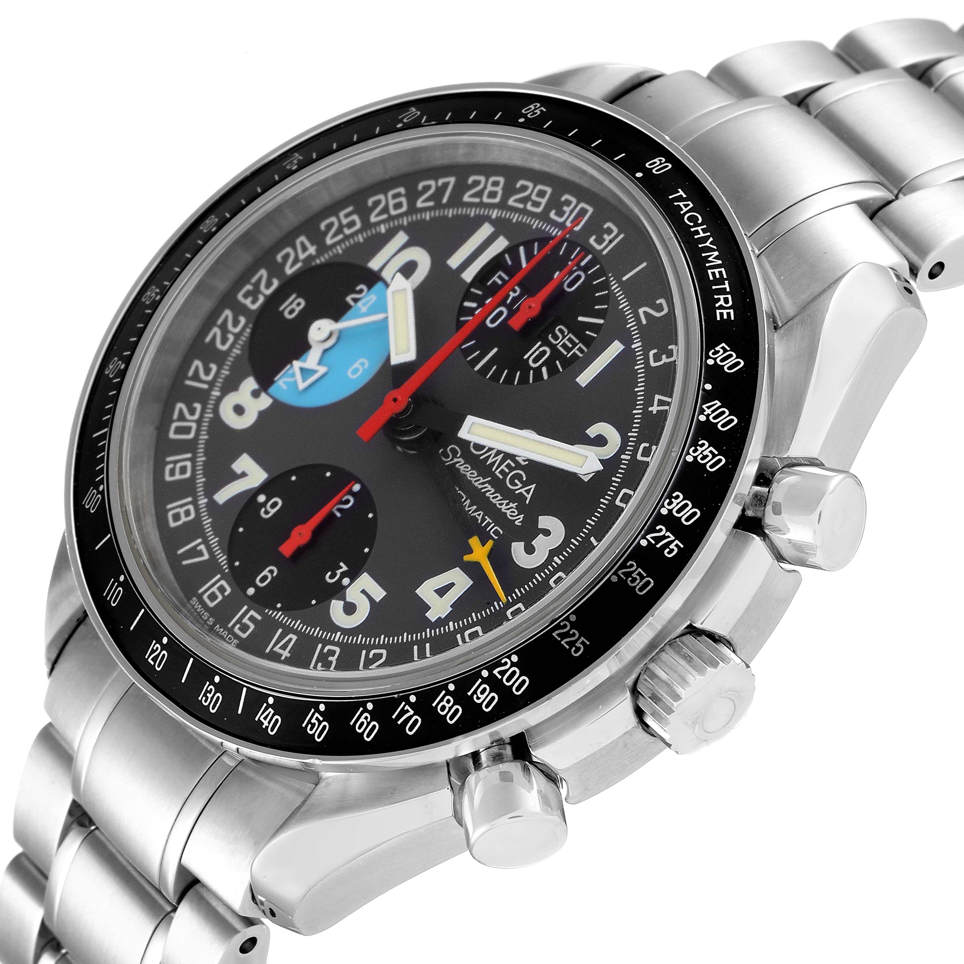 The image shows an Omega Speedmaster 3520.53.00 Men's Stainless Steel Grey Dial 3520.53.00 Men's Stainless Steel Grey Dial watch at an angle, highlighting its dial, bezel, and metal bracelet.