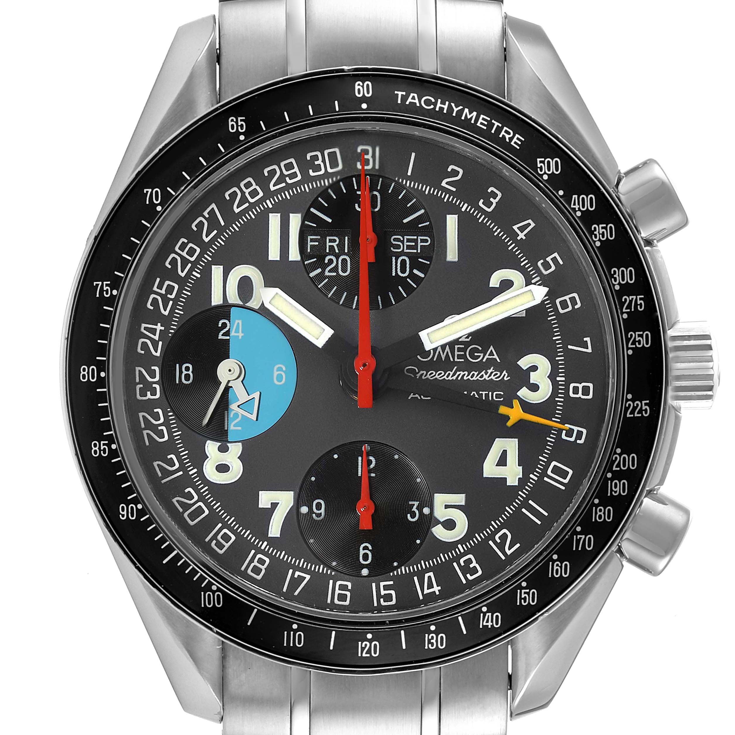 This image shows a front view of the Omega Speedmaster 3520.53.00 Men's Stainless Steel Grey Dial 3520.53.00 Men's Stainless Steel Grey Dial watch, displaying its dial, subdials, hands, and tachymeter bezel.
