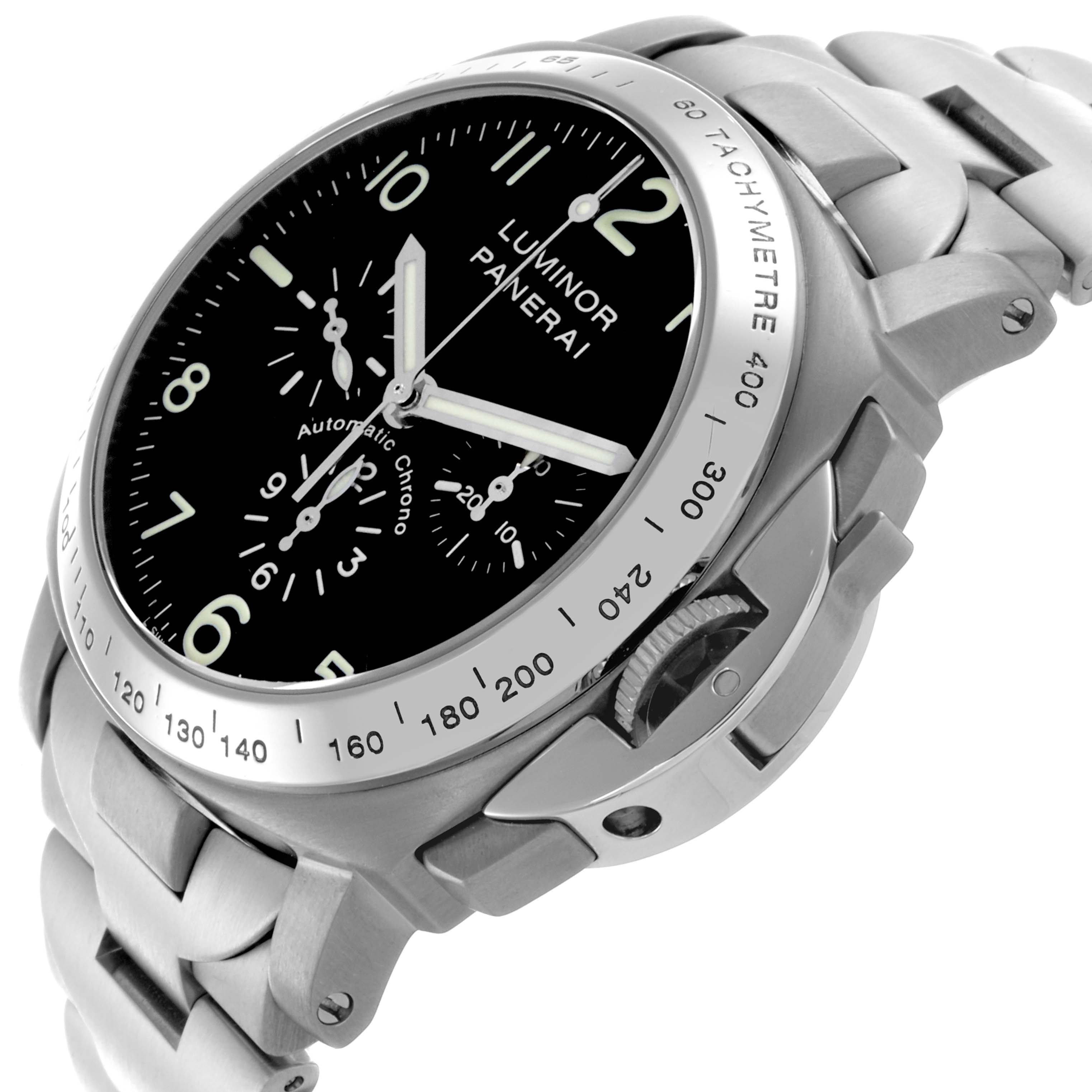 The image shows a side angle of the Panerai Luminor PAM00072 Men's Titanium Black Dial PAM00072 Men's Titanium Black Dial watch displaying its face, bezel, and bracelet.