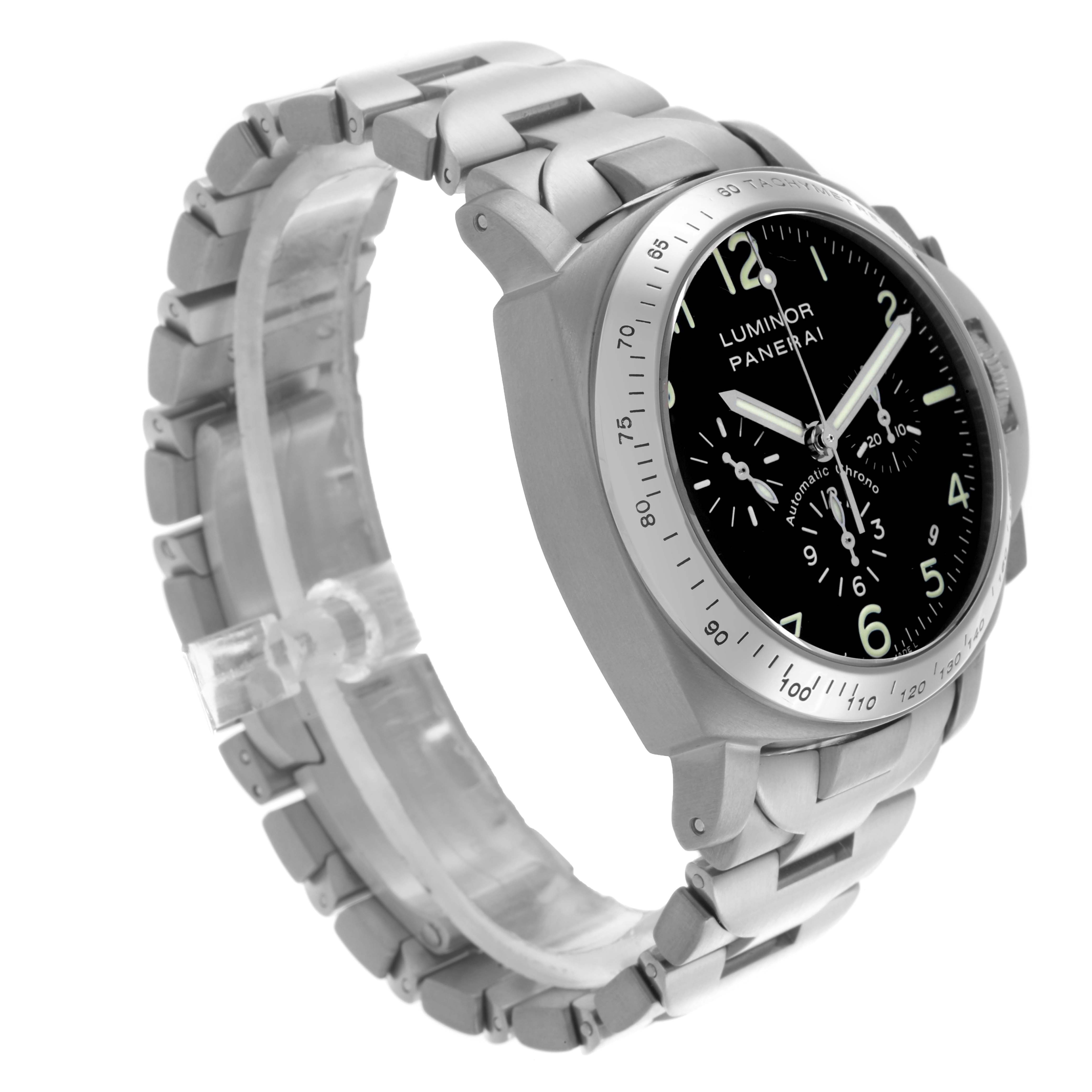 The Panerai Luminor PAM00072 Men's Titanium Black Dial PAM00072 Men's Titanium Black Dial watch is shown at a diagonal angle, displaying its face, bezel, and metal bracelet.