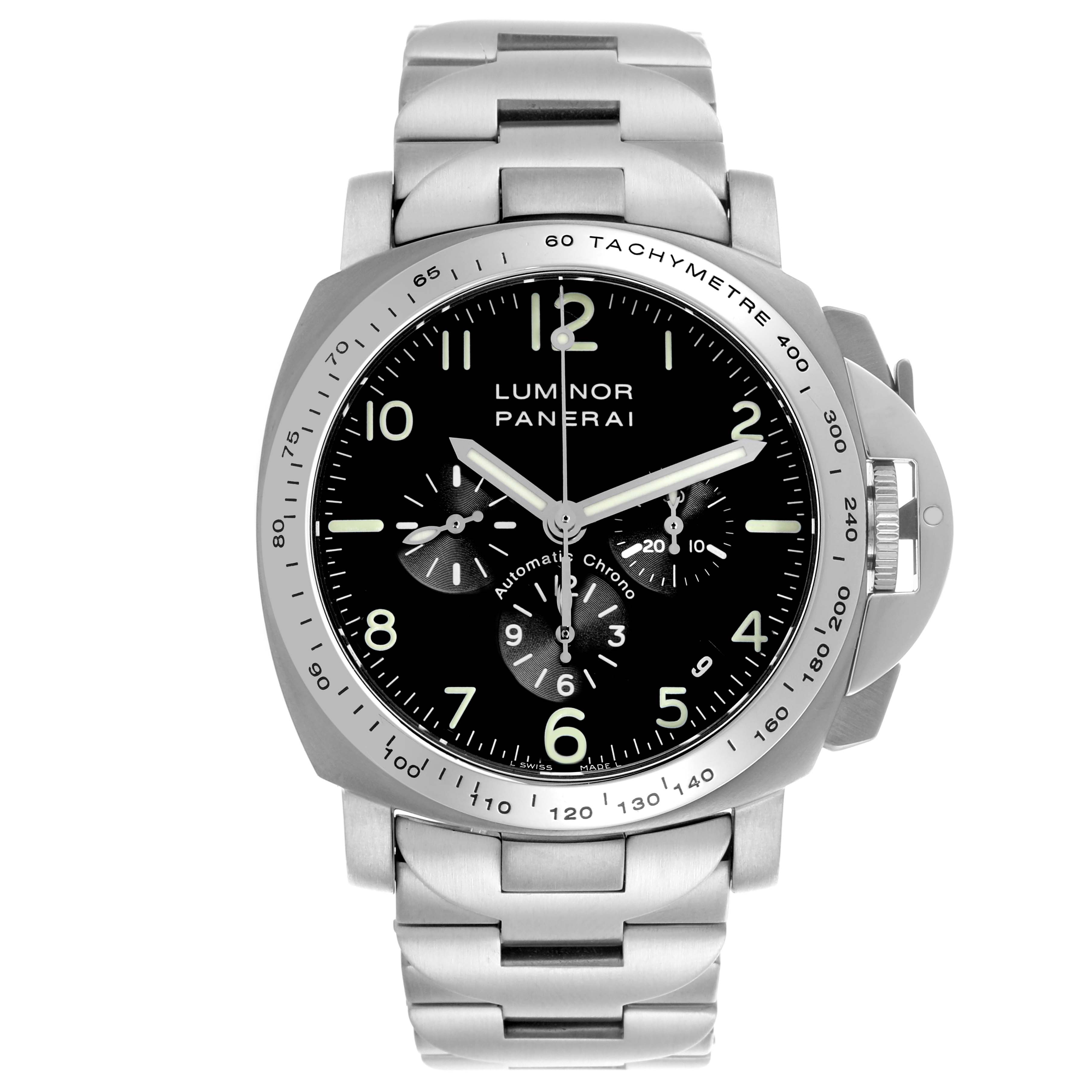 The Panerai Luminor PAM00072 Men's Titanium Black Dial PAM00072 Men's Titanium Black Dial watch is shown from the front, highlighting the dial, stainless steel bracelet, and tachymeter bezel.