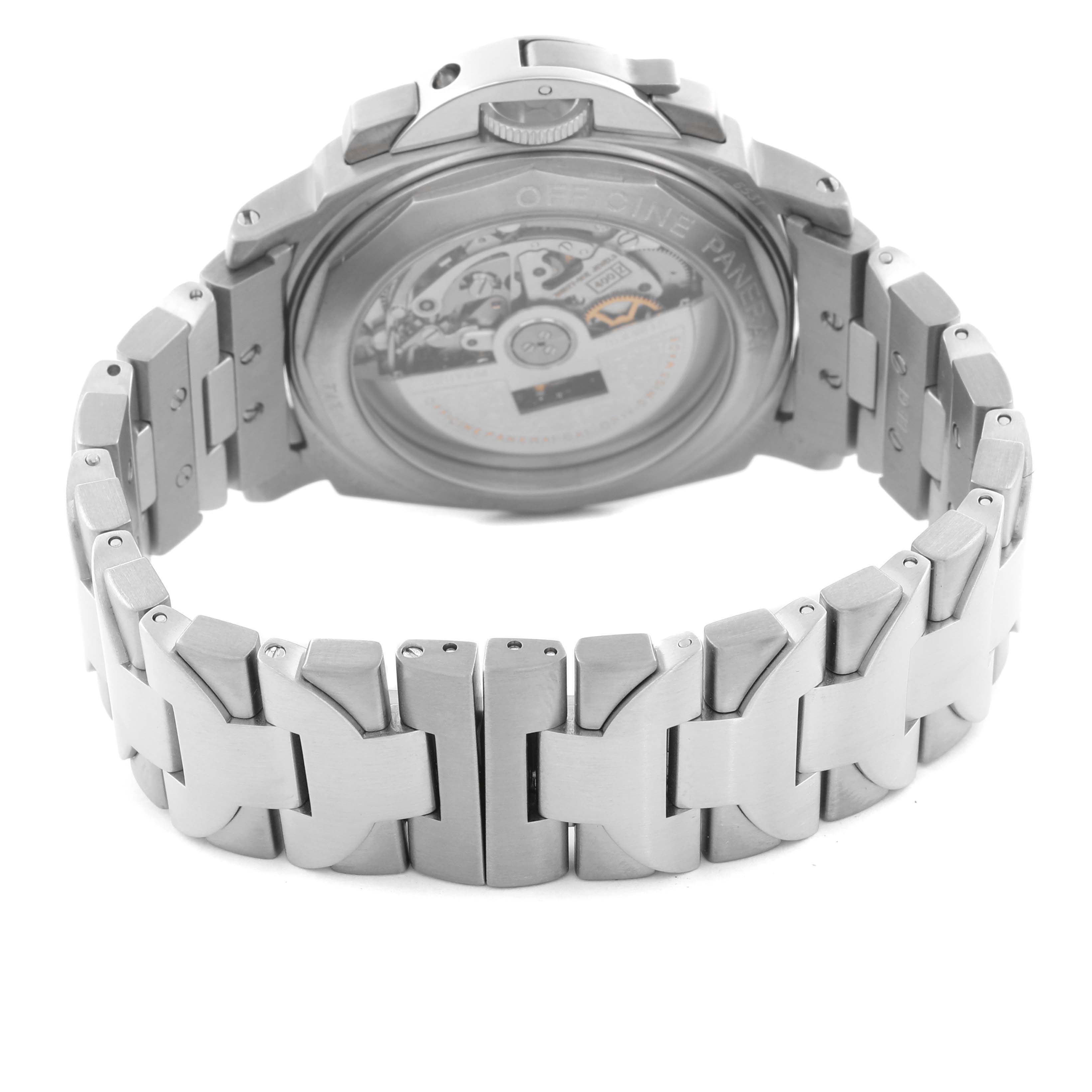 The image shows the back view of a Panerai Luminor PAM00072 Men's Titanium Black Dial PAM00072 Men's Titanium Black Dial watch, highlighting the bracelet and case back.