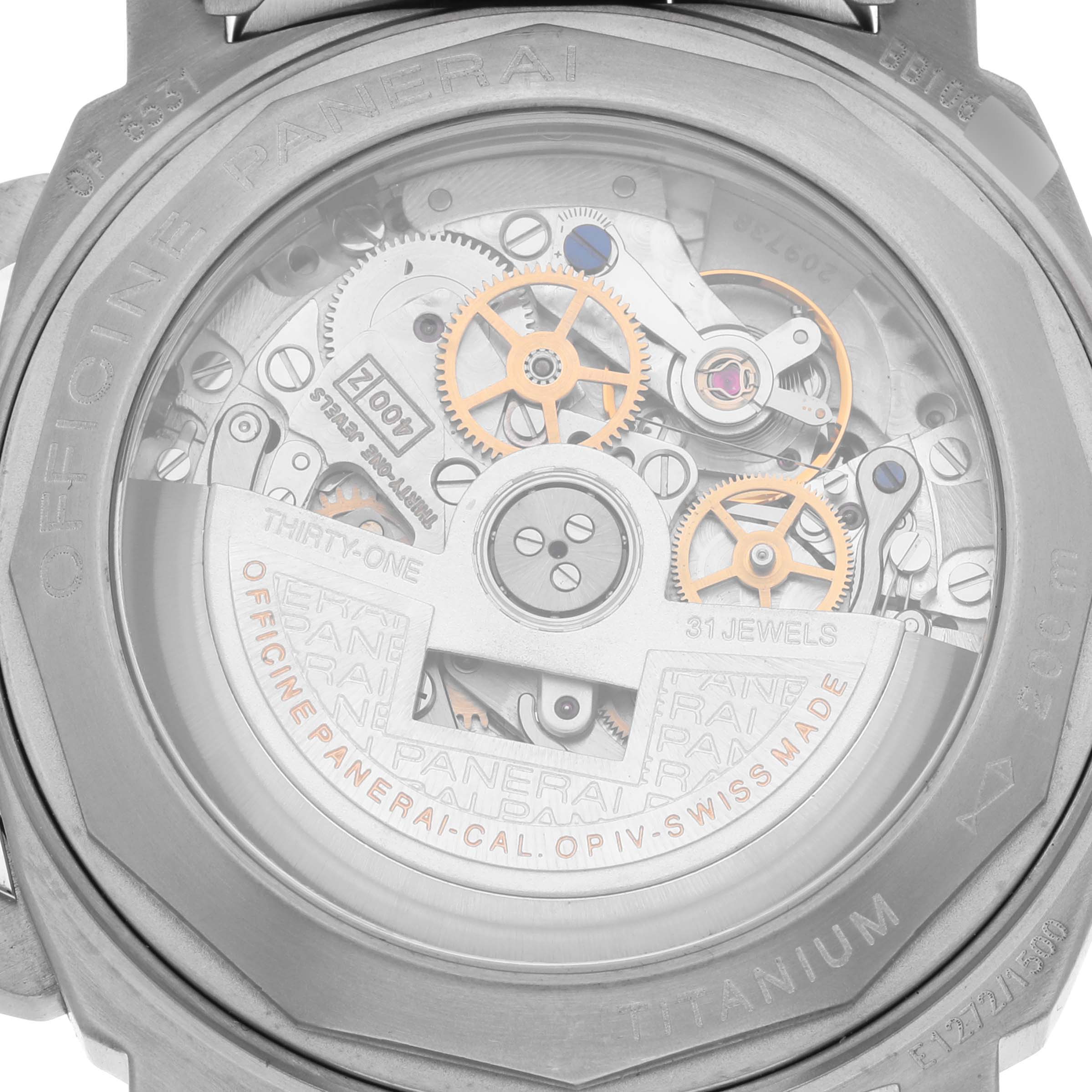 The image shows the movement and internal mechanisms of the Panerai Luminor PAM00072 Men's Titanium Black Dial PAM00072 Men's Titanium Black Dial watch from a rear view angle.
