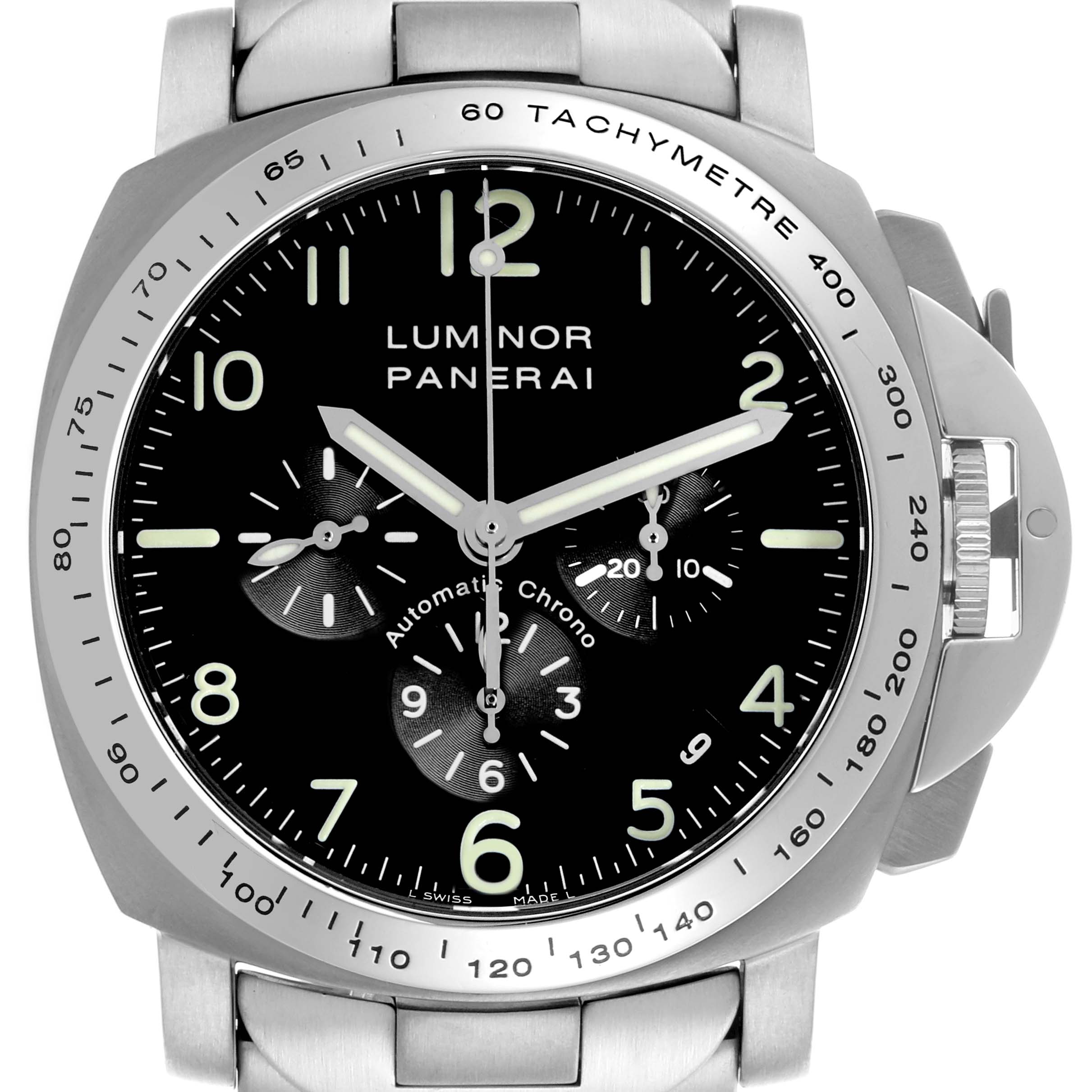 The Panerai Luminor PAM00072 Men's Titanium Black Dial PAM00072 Men's Titanium Black Dial model is shown from the front, highlighting the dial, bezel, crown guard, and part of the bracelet.