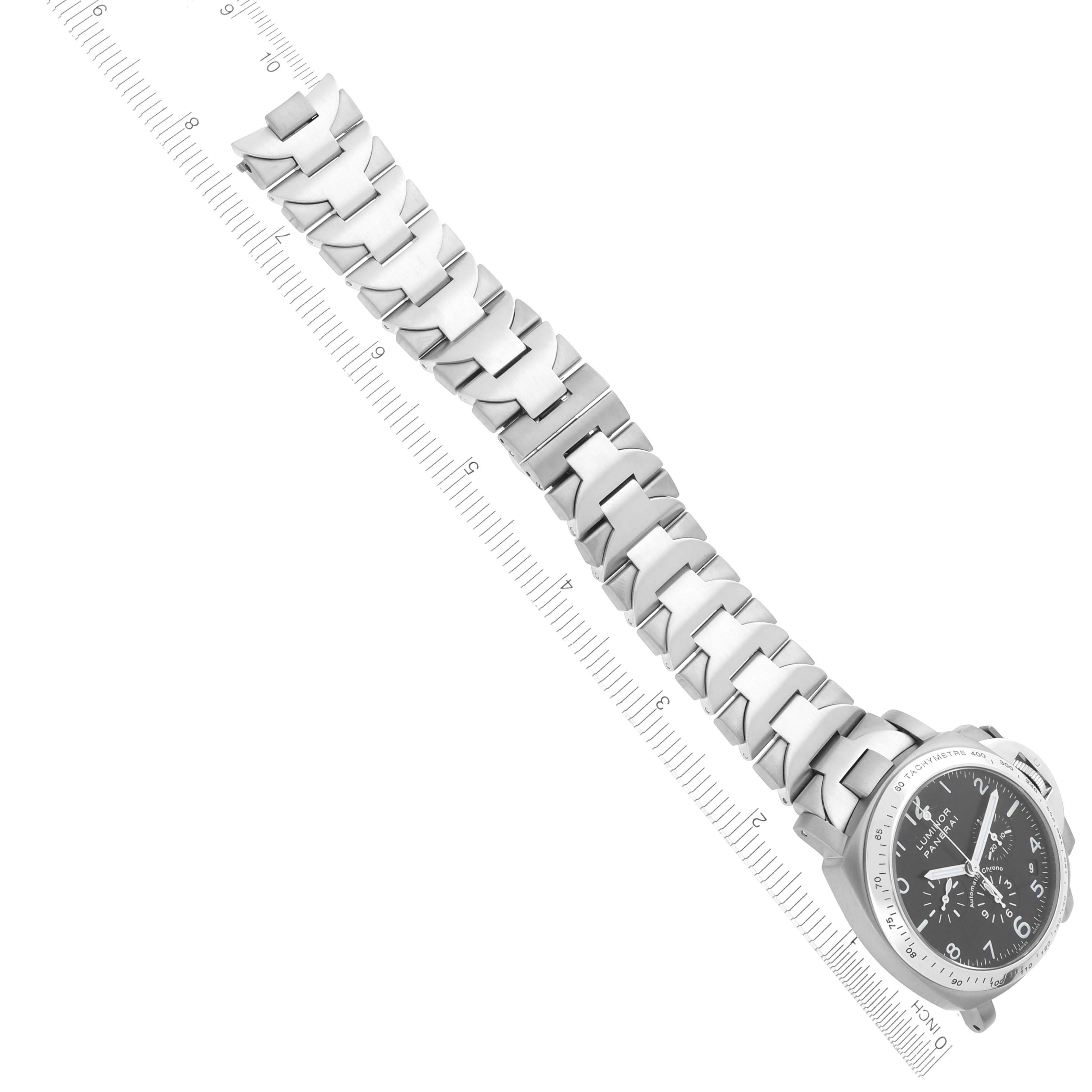 The Panerai Luminor PAM00072 Men's Titanium Black Dial PAM00072 Men's Titanium Black Dial watch is shown at a slight diagonal angle, displaying the face and full metal bracelet.