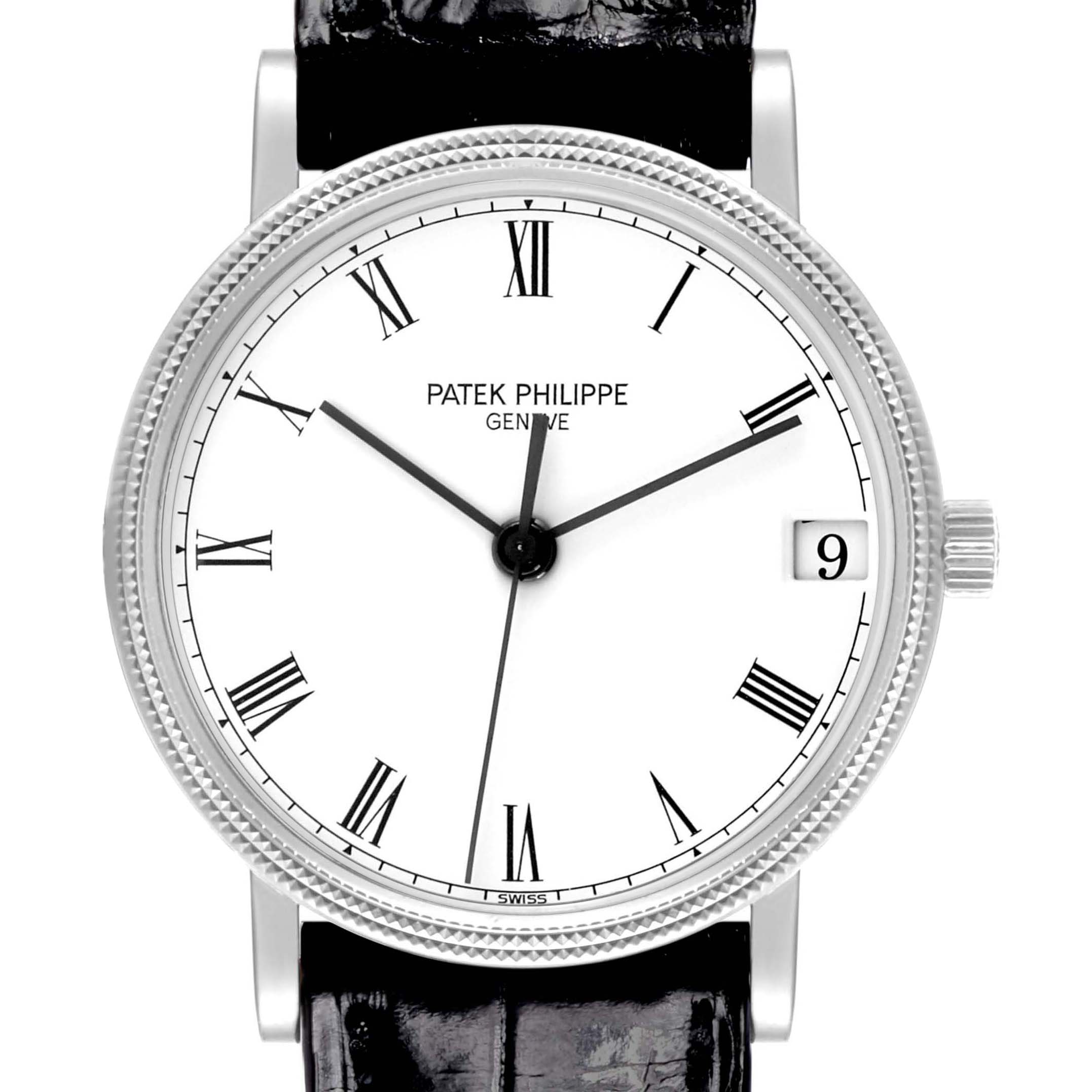 The Patek Philippe Calatrava 3802/200G-001 Men's White Gold White Dial watch is shown from a front angle, displaying the dial, hands, date window, and part of the strap.