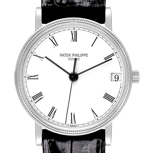 The image shows a Patek Philippe Calatrava 3802/200G-001 Men's White Gold White Dial watch from the front, focusing on the dial, bezel, and part of the strap.