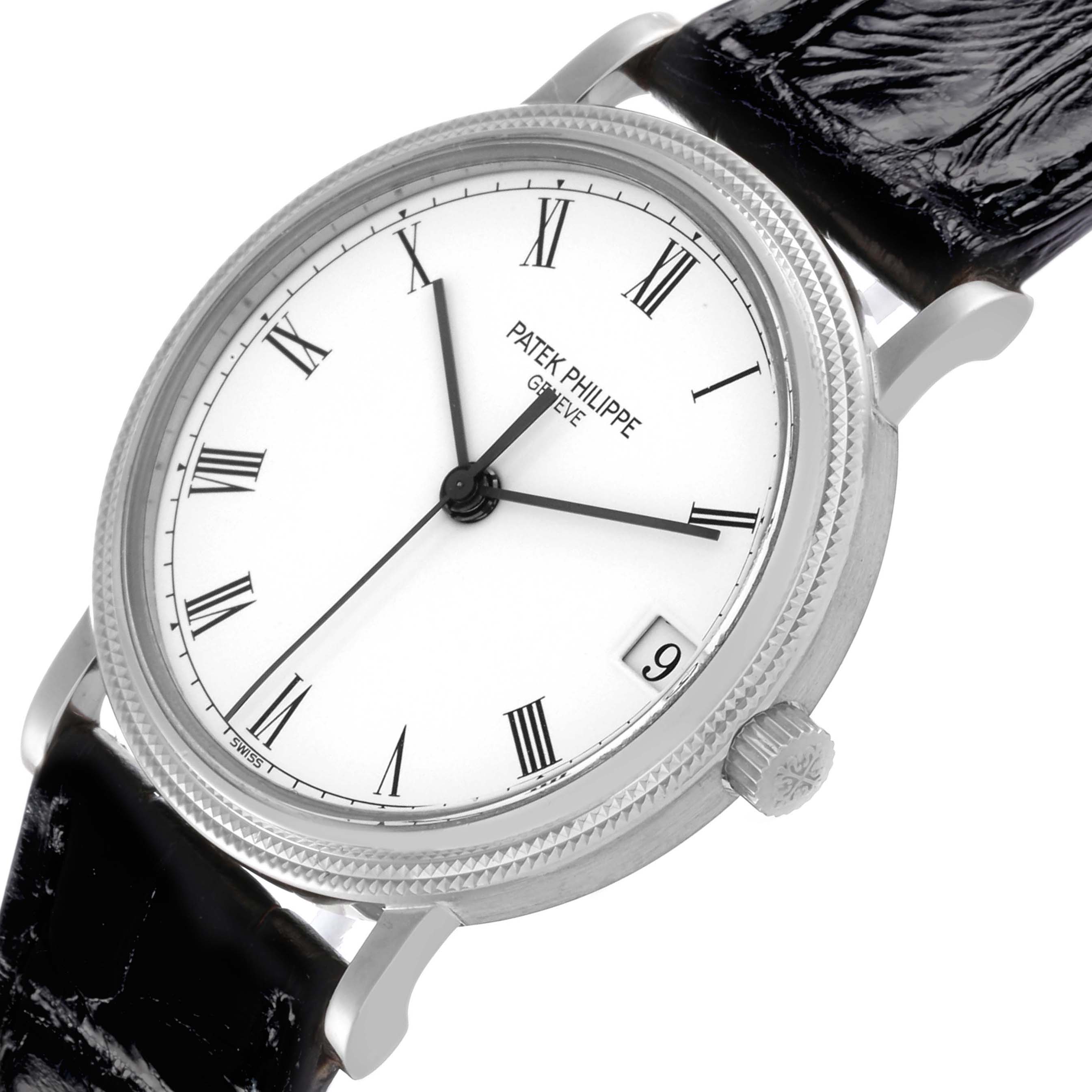 The Patek Philippe Calatrava 3802/200G-001 Men
s White Gold White Dial 3802/200G-001 Men
s White Gold White Dial watch is shown from a front angle, displaying its face, crown, and black leather strap.