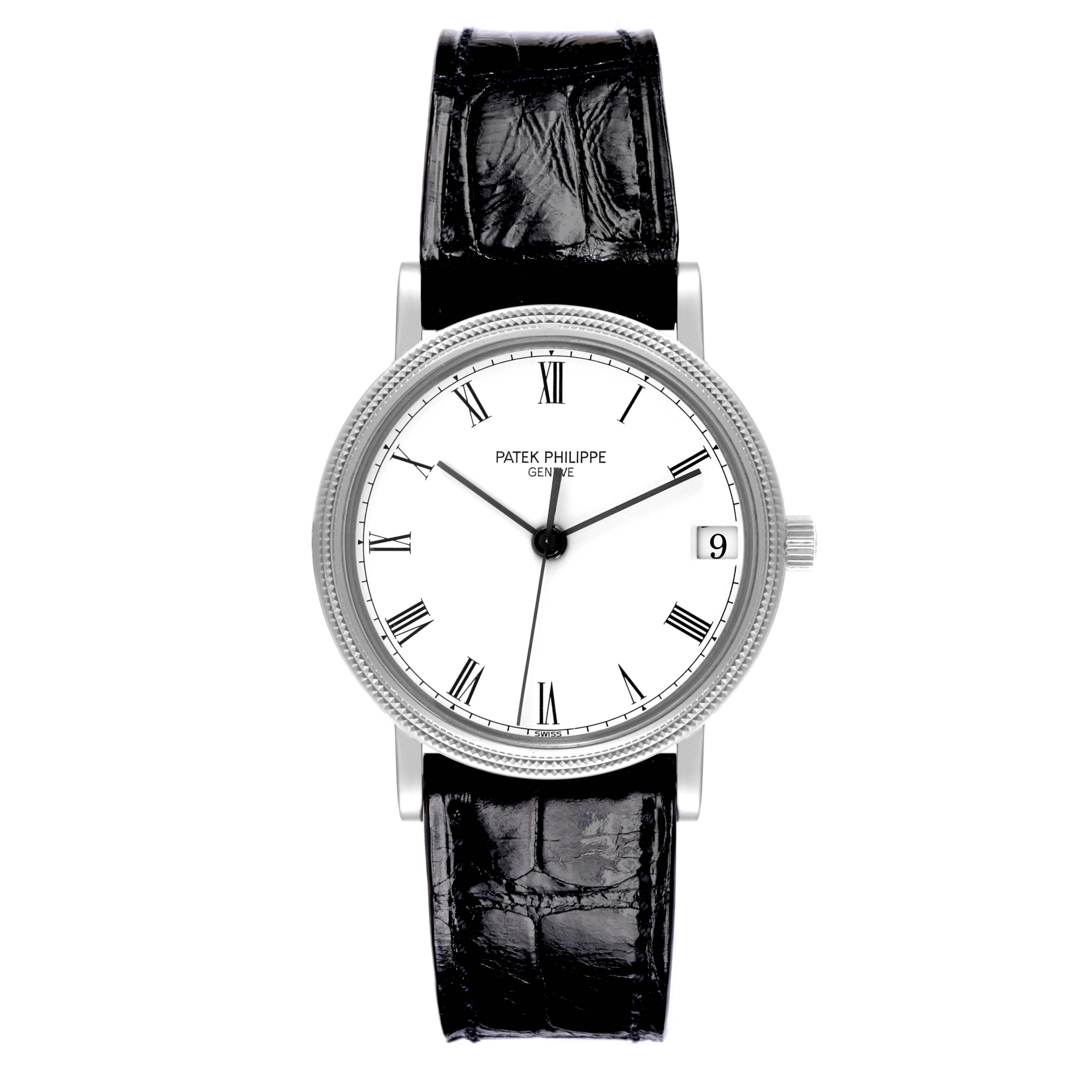 The Patek Philippe Calatrava 3802/200G-001 Men
s White Gold White Dial 3802/200G-001 Men
s White Gold White Dial watch is shown from a front angle, highlighting its face and leather strap.