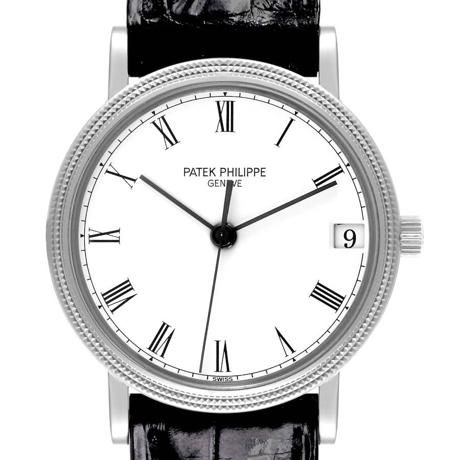 The image shows a front view of the Patek Philippe Calatrava watch face, including the bezel, dial, and part of the strap.