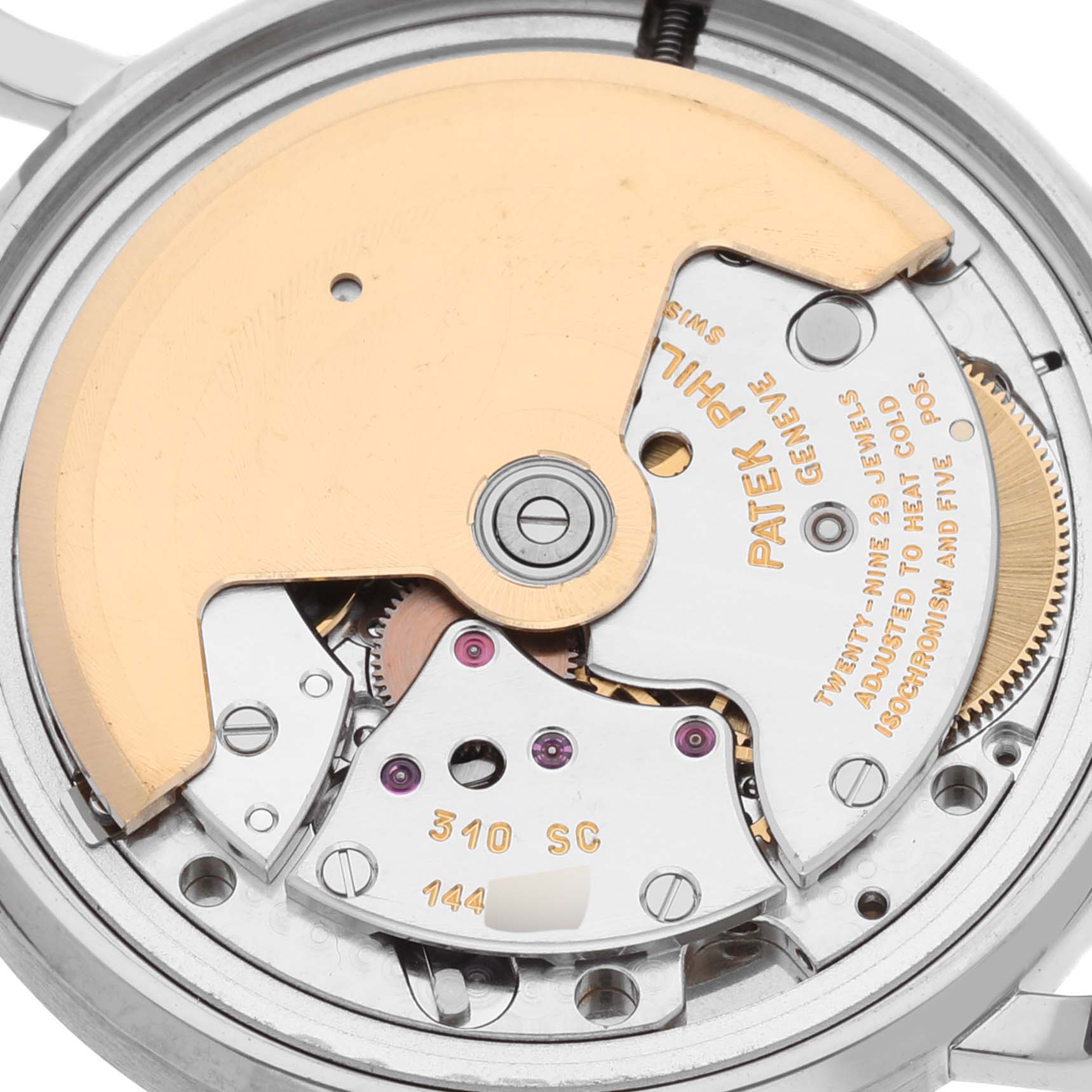 The image shows the movement mechanism of a Patek Philippe Calatrava 3802/200G-001 Men
s White Gold White Dial 3802/200G-001 Men
s White Gold White Dial model from a top-down angle.