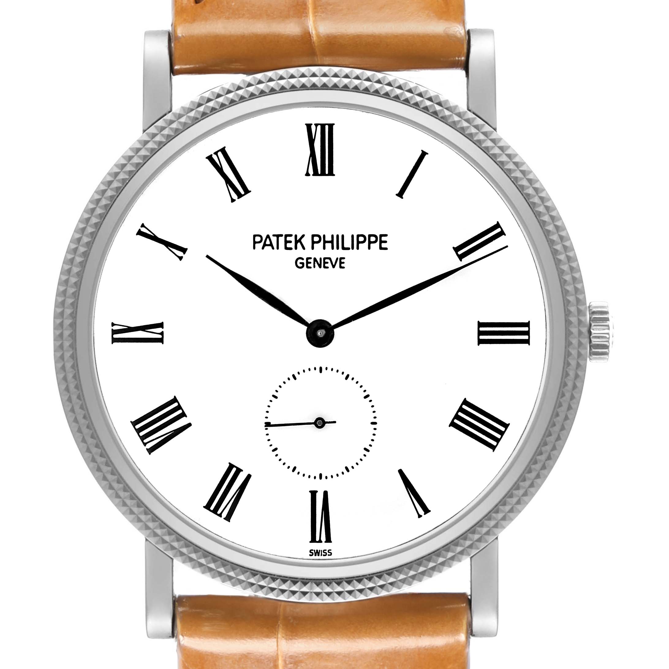 The Patek Philippe Calatrava 5119G-001 Men
s White Gold White Dial 5119G-001 Men
s White Gold White Dial watch is shown from a front angle, highlighting the dial, hands, markers, case, and crown.