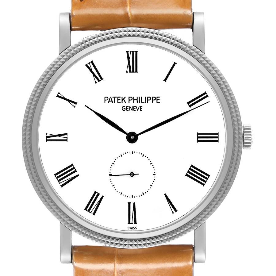 The Patek Philippe Calatrava watch is shown from a front angle, highlighting the dial, hands, markers, case, and crown.