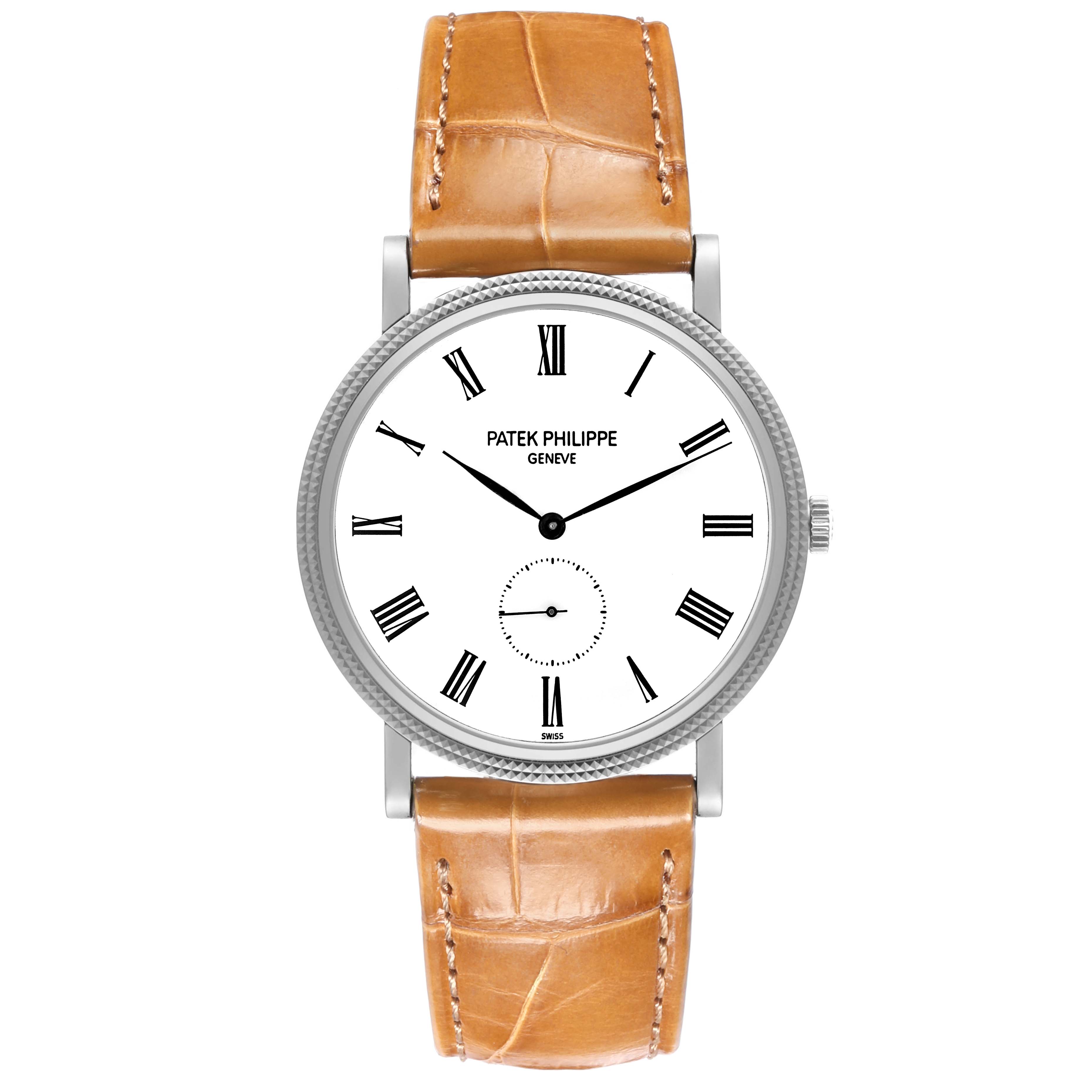 The Patek Philippe Calatrava 5119G-001 Men
s White Gold White Dial 5119G-001 Men
s White Gold White Dial watch is shown from the front, displaying its white dial and brown leather strap.