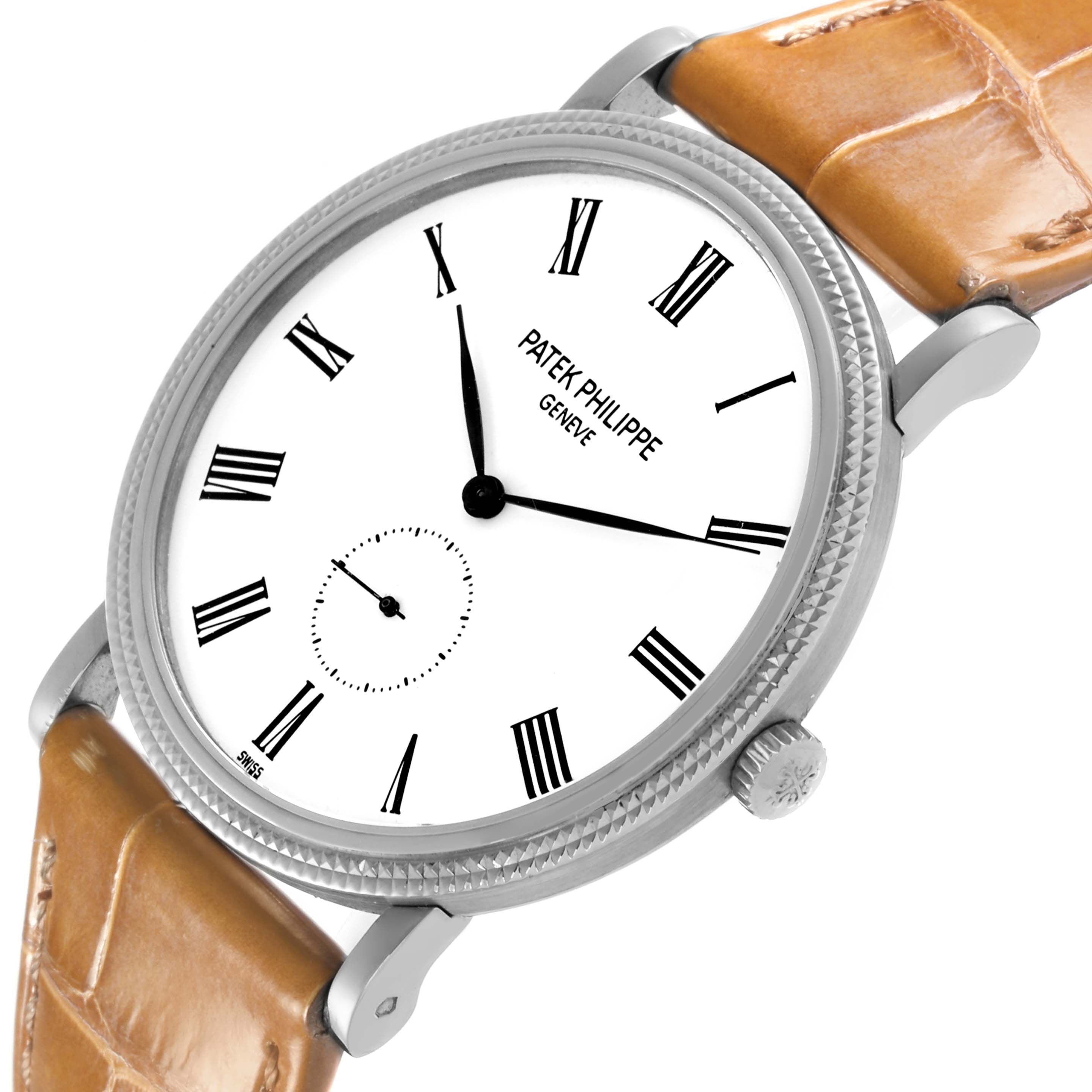 The Patek Philippe Calatrava 5119G-001 Men
s White Gold White Dial 5119G-001 Men
s White Gold White Dial watch is shown at a slight angle, highlighting its face, crown, and leather strap.