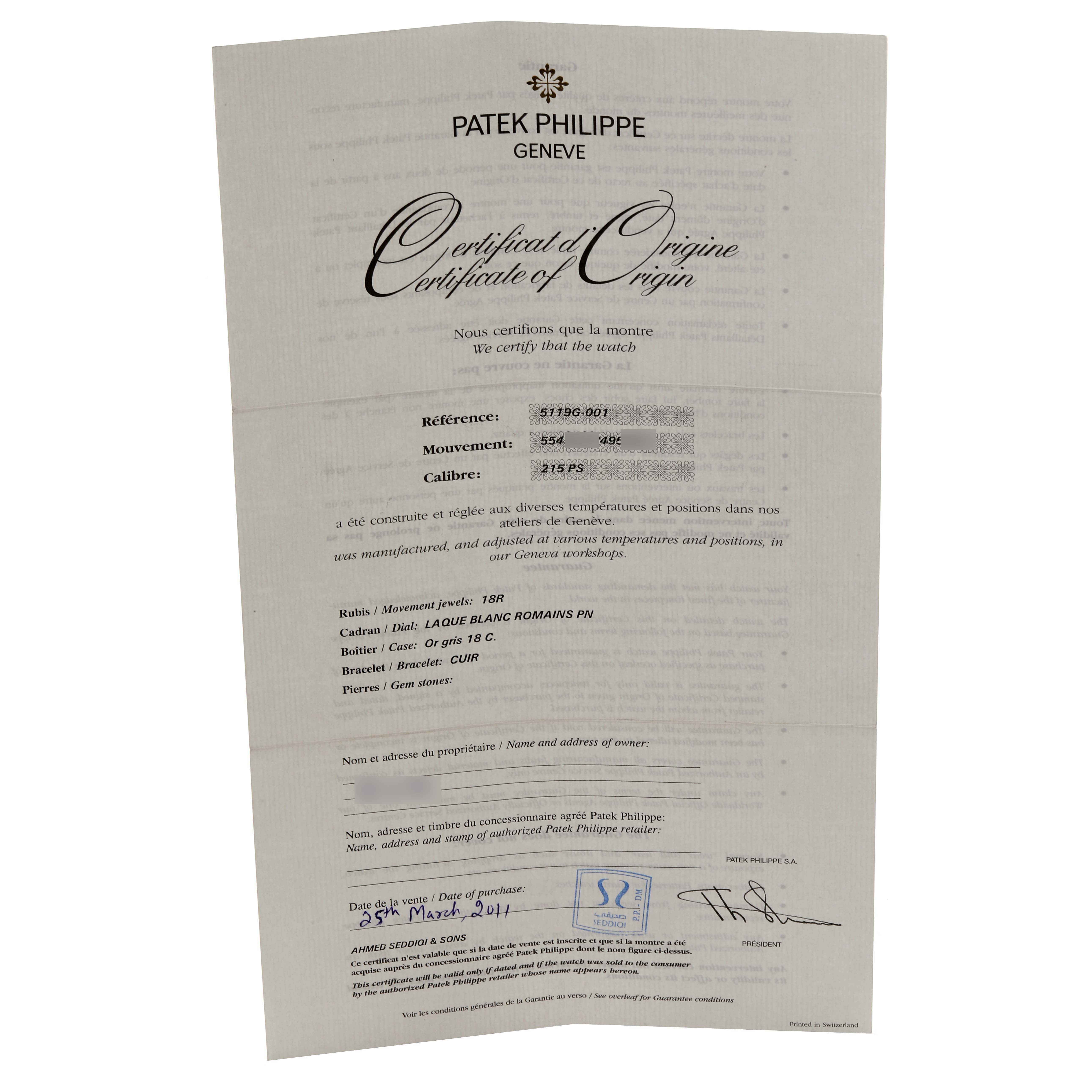 The image shows a certificate of origin for the Patek Philippe Calatrava 5119G-001 Men
s White Gold White Dial 5119G-001 Men
s White Gold White Dial model, viewed flat.