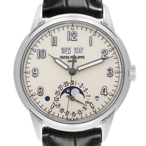 The Patek Philippe Complications 5320G-001 Men's White Gold White Dial watch is shown from the front, displaying the dial, hands, day, month, and moon phase.