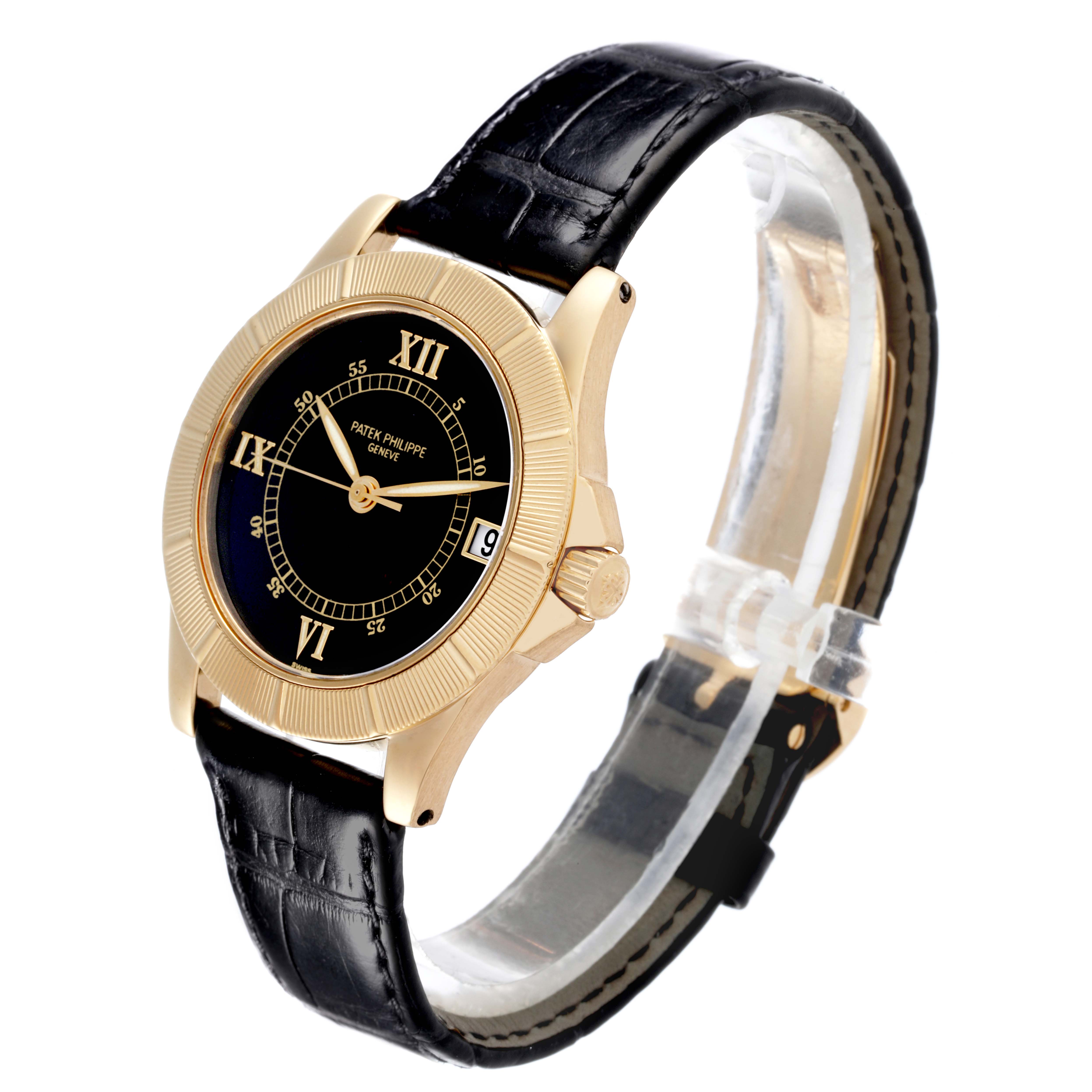 The Patek Philippe Neptune 5081 Men's Yellow Gold Black Dial 5081 Men's Yellow Gold Black Dial watch is shown at a three-quarter angle, highlighting the front dial and leather strap.