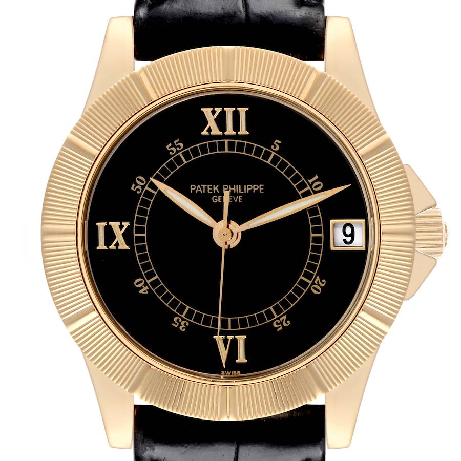 The Patek Philippe Neptune watch is shown from a front angle, highlighting the black dial, gold accents, and Roman numerals.