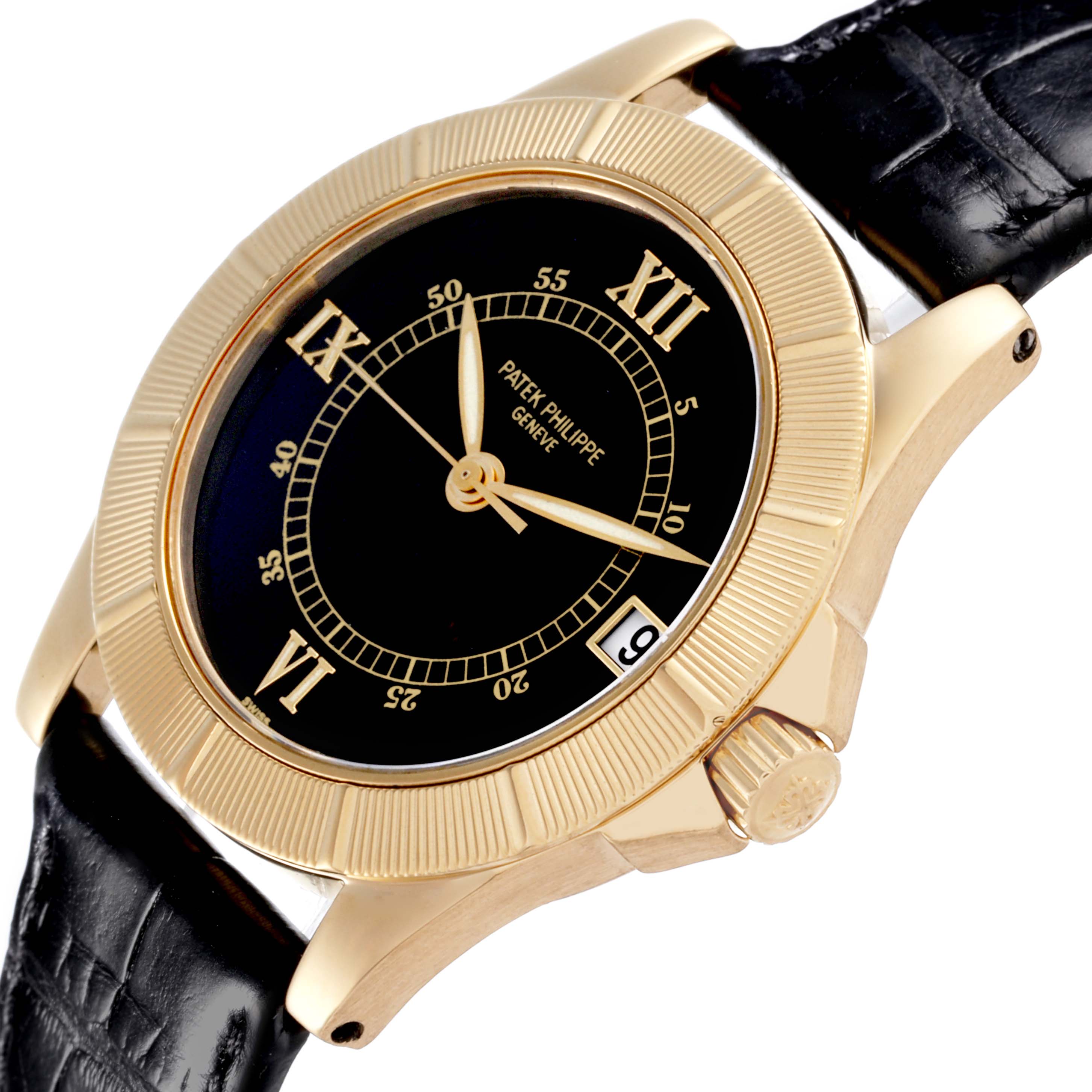The Patek Philippe Neptune 5081 Men's Yellow Gold Black Dial 5081 Men's Yellow Gold Black Dial watch is shown from an angled side view highlighting the dial, bezel, crown, and strap.