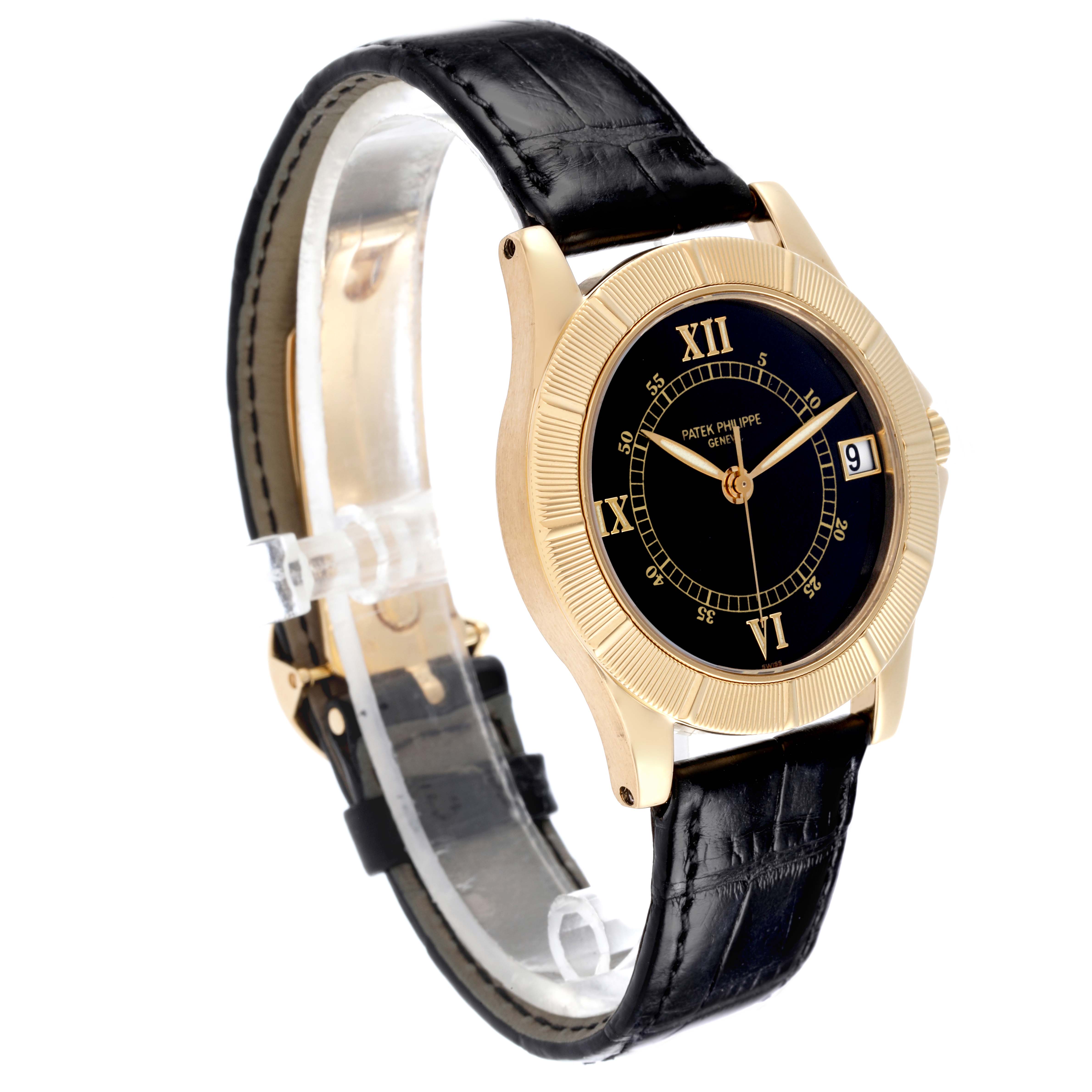 The Patek Philippe Neptune 5081 Men's Yellow Gold Black Dial 5081 Men's Yellow Gold Black Dial watch is shown at a three-quarter angle, displaying the black dial, gold case, and black leather strap.