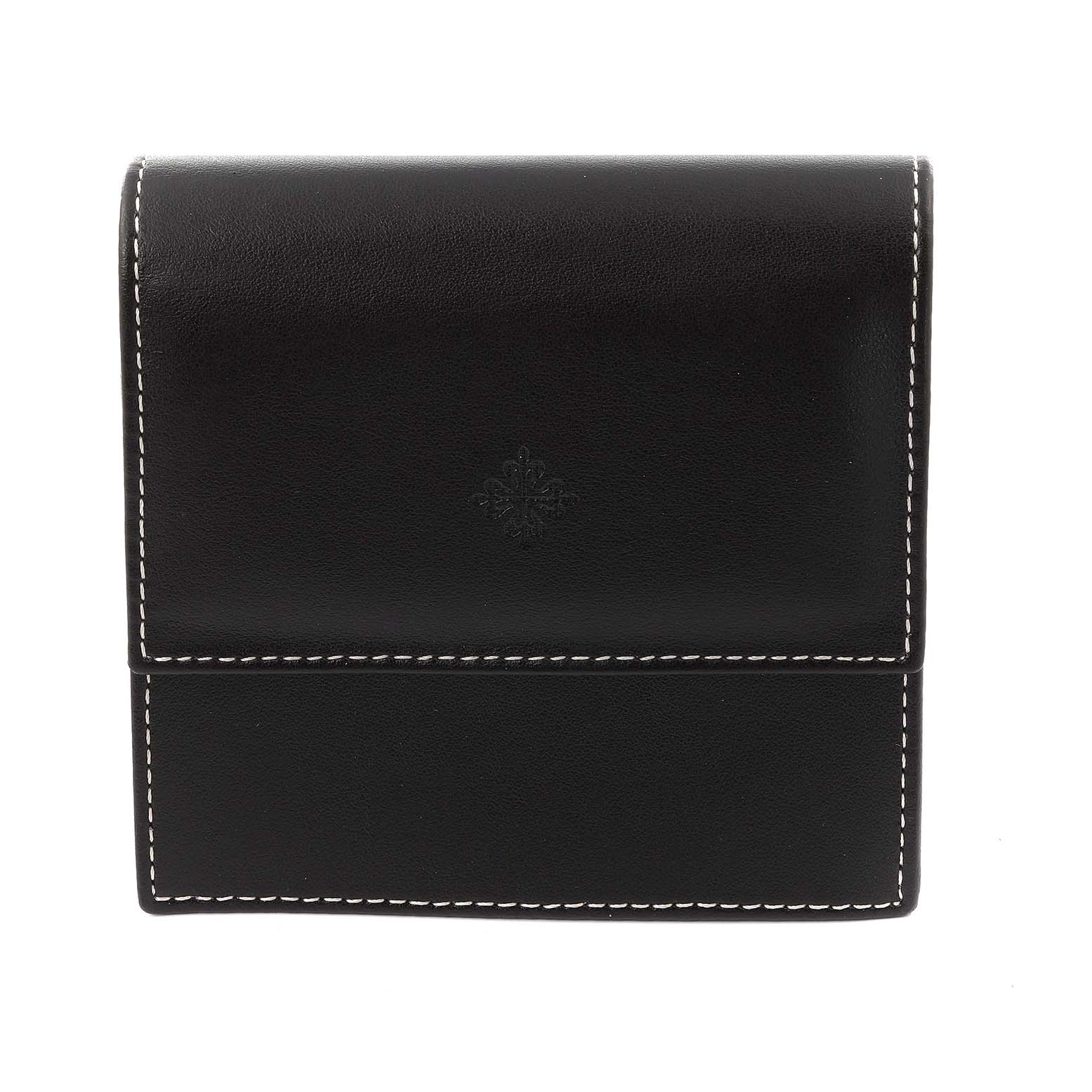 This image shows a black leather case with white stitching, likely an accessory for the Patek Philippe Neptune 5081 Men's Yellow Gold Black Dial 5081 Men's Yellow Gold Black Dial model.