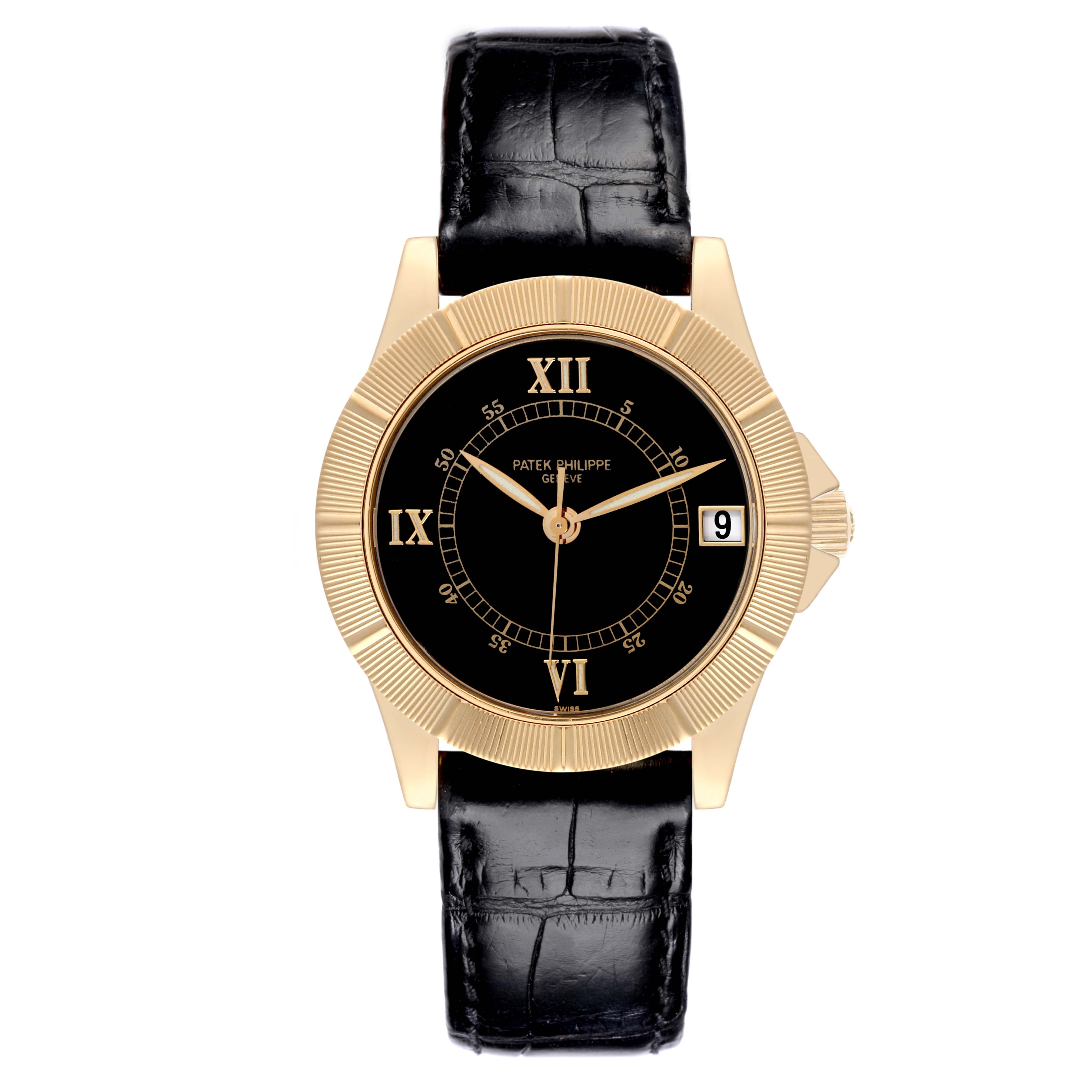 The Patek Philippe Neptune 5081 Men's Yellow Gold Black Dial 5081 Men's Yellow Gold Black Dial watch is shown from the front, displaying the dial, bezel, and leather strap.