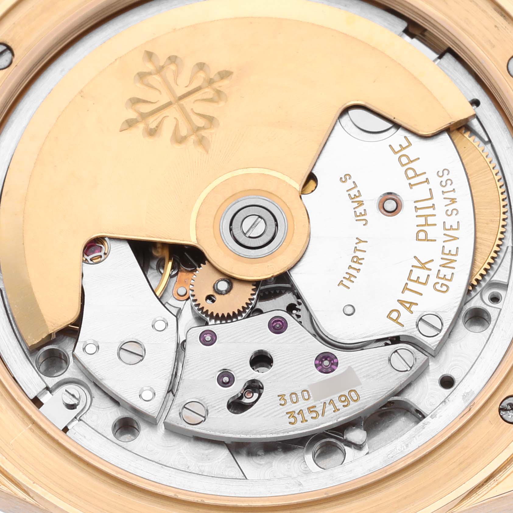 The image shows the movement and rotor of the Patek Philippe Neptune 5081 Men's Yellow Gold Black Dial 5081 Men's Yellow Gold Black Dial watch from the back angle.