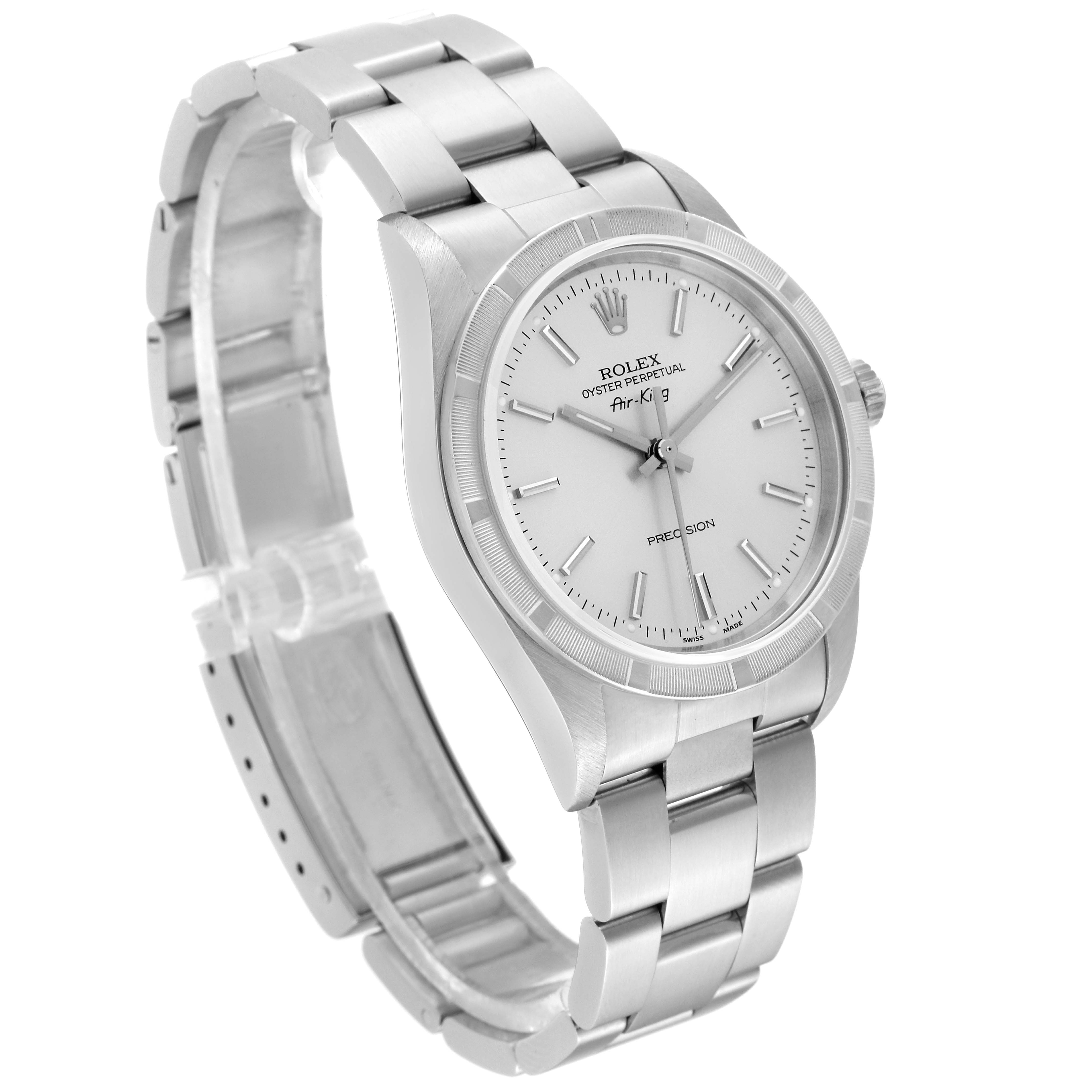 The Rolex Air-King 14010 Men
s Stainless Steel Silver Dial watch is shown at a three-quarter angle highlighting the face, bezel, and bracelet.