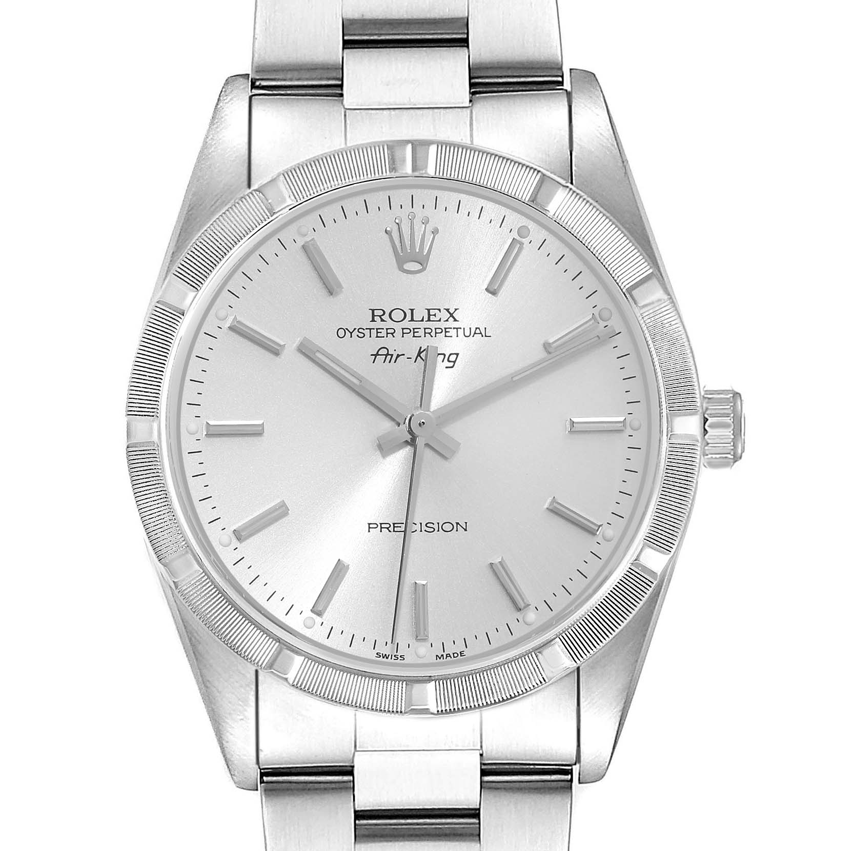 The Rolex Air-King 14010 Men
s Stainless Steel Silver Dial watch is shown from a front angle, highlighting the dial, bezel, bracelet, and crown.
