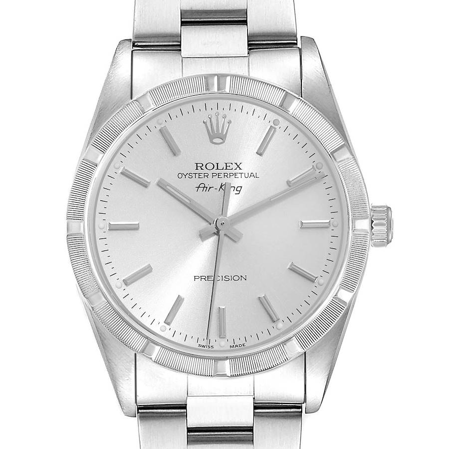 The Rolex Air-King 14010 Men's Stainless Steel Silver Dial watch is shown from a front angle, highlighting the dial, bezel, bracelet, and crown.