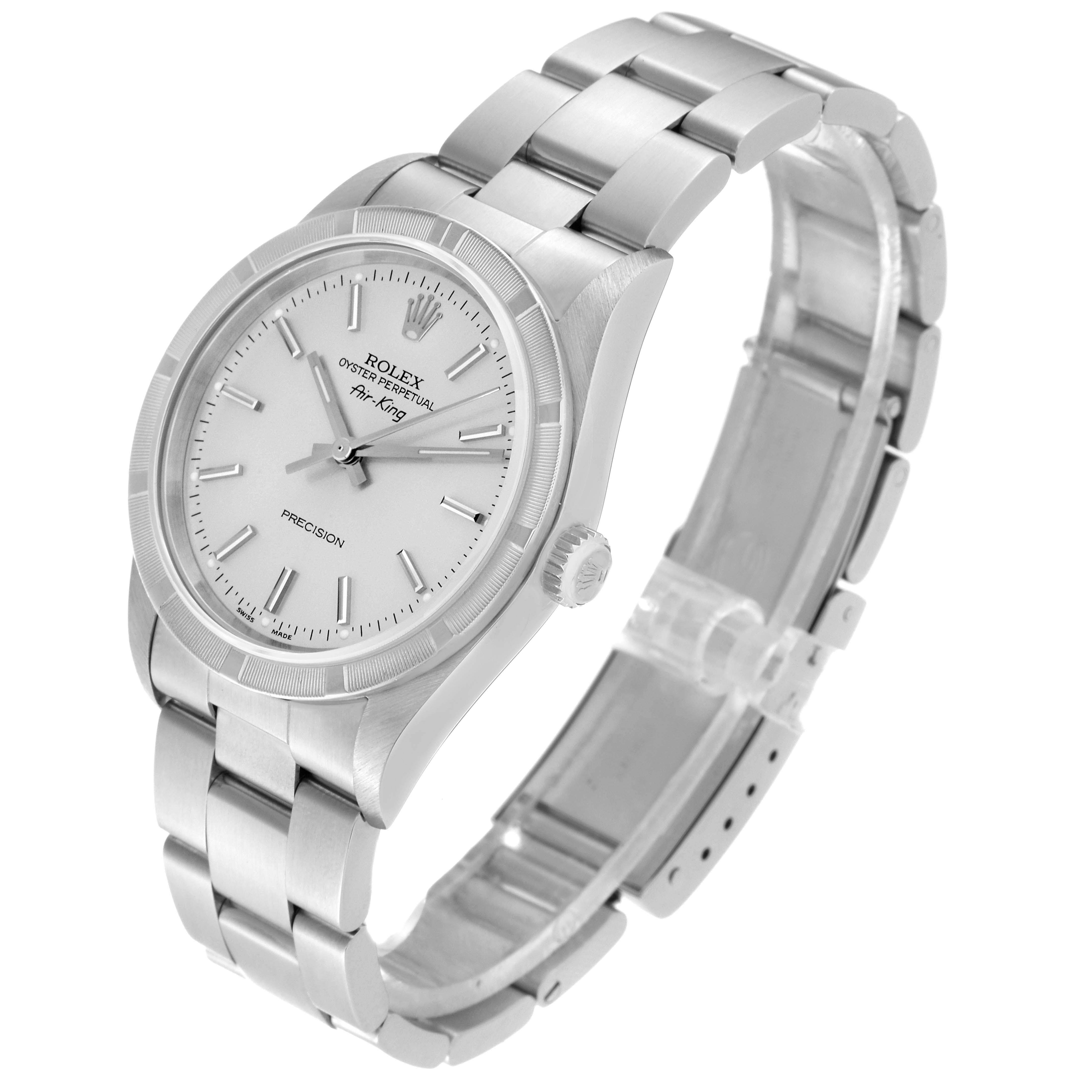 The Rolex Air-King 14010 Men
s Stainless Steel Silver Dial watch is shown at a three-quarter angle, highlighting the face, bracelet, and crown.