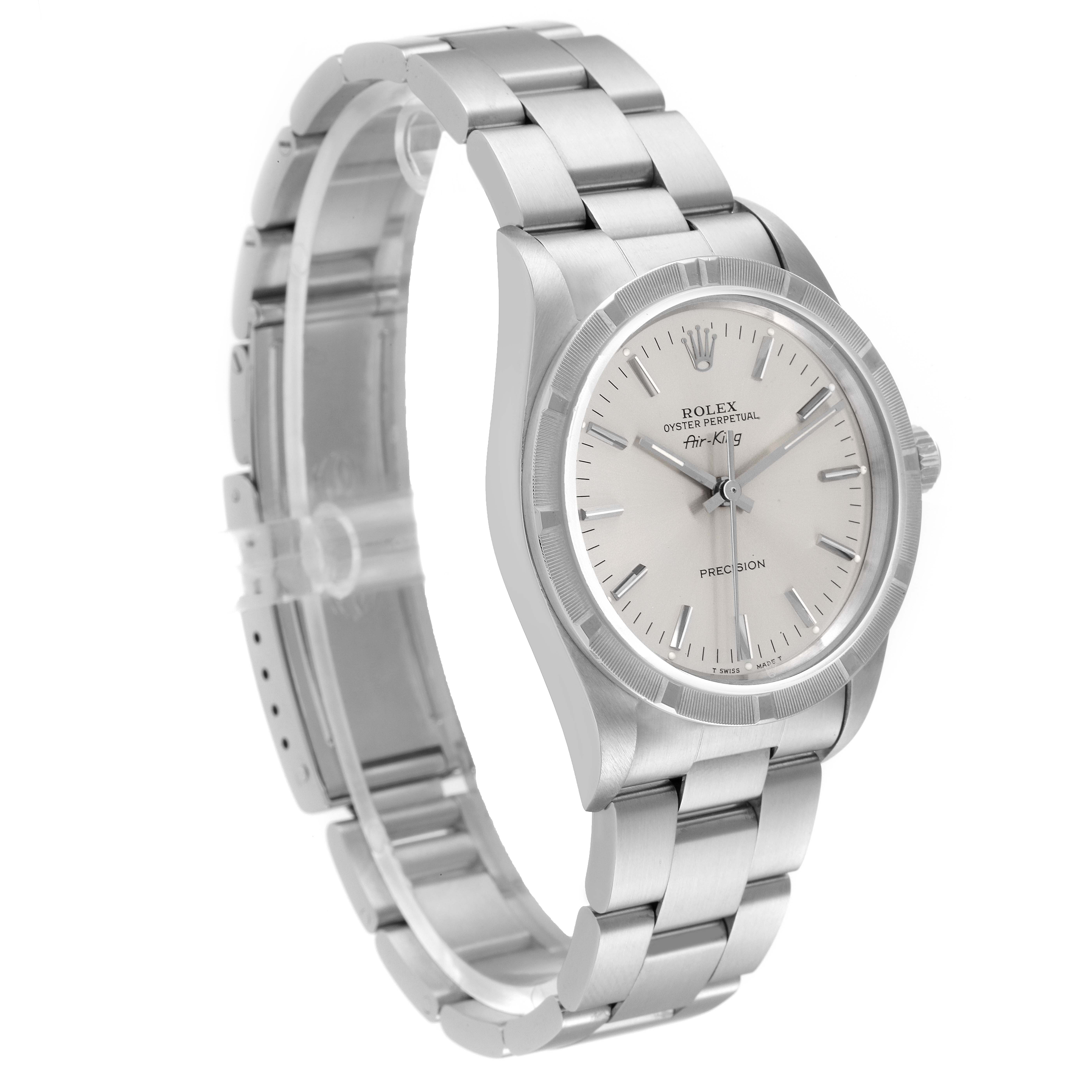 The image shows a Rolex Air-King 14010 Men's Stainless Steel Silver Dial 14010 Men's Stainless Steel Silver Dial watch at a three-quarter angle, highlighting the dial, bezel, and metal bracelet.