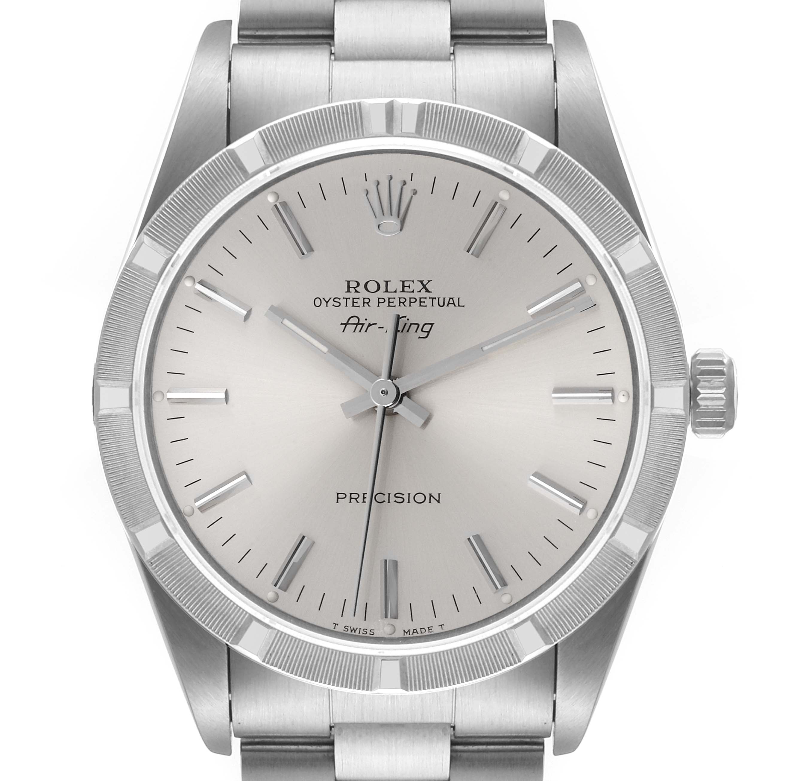 The image shows a frontal view of the Rolex Air-King 14010 Men's Stainless Steel Silver Dial 14010 Men's Stainless Steel Silver Dial watch, displaying its face, hands, bezel, and part of the bracelet.