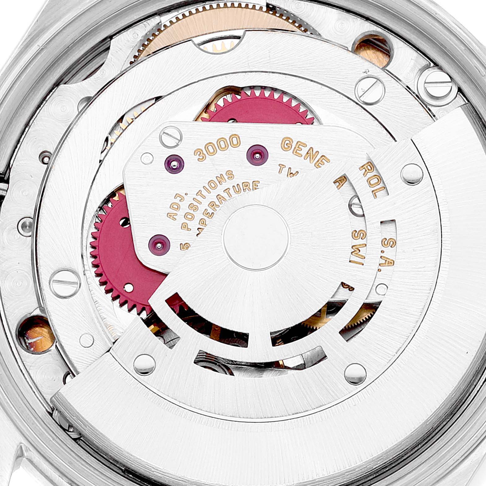 This image shows the Rolex Air-King 14010 Men's Stainless Steel Silver Dial 14010 Men's Stainless Steel Silver Dial's movement mechanism from a close-up, rear angle, revealing its intricate internal components.