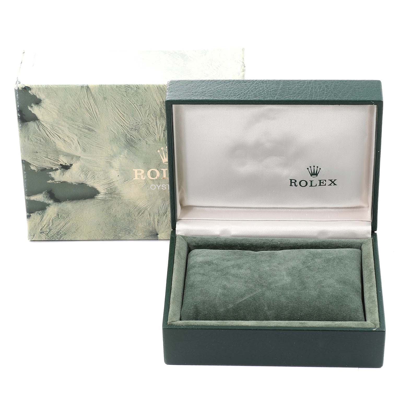 The image shows an open green Rolex box with a cushion for the Air-King model, and its accompanying outer box.