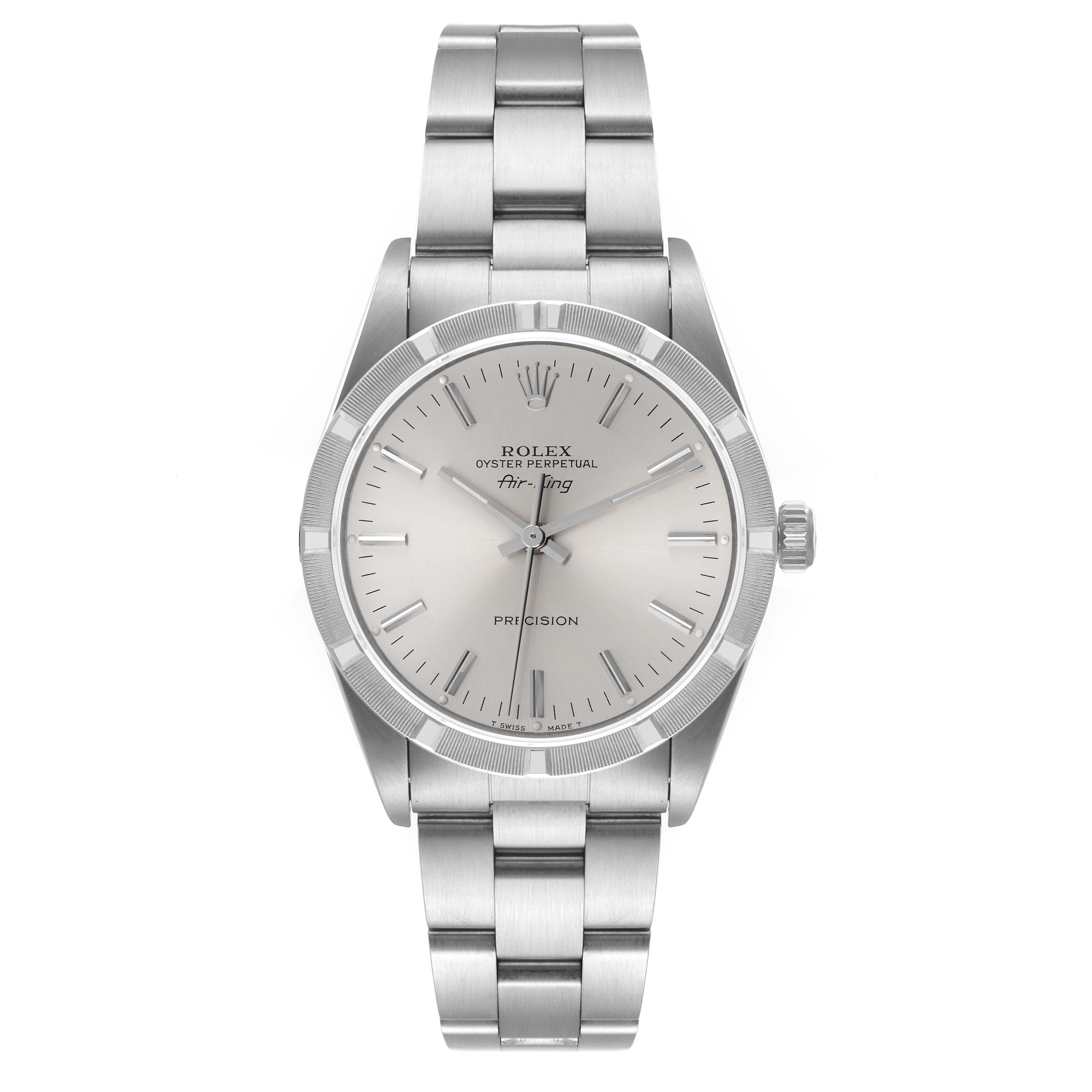 The image shows a front view of the Rolex Air-King 14010 Men's Stainless Steel Silver Dial 14010 Men's Stainless Steel Silver Dial watch, displaying its dial, bezel, crown, and bracelet.