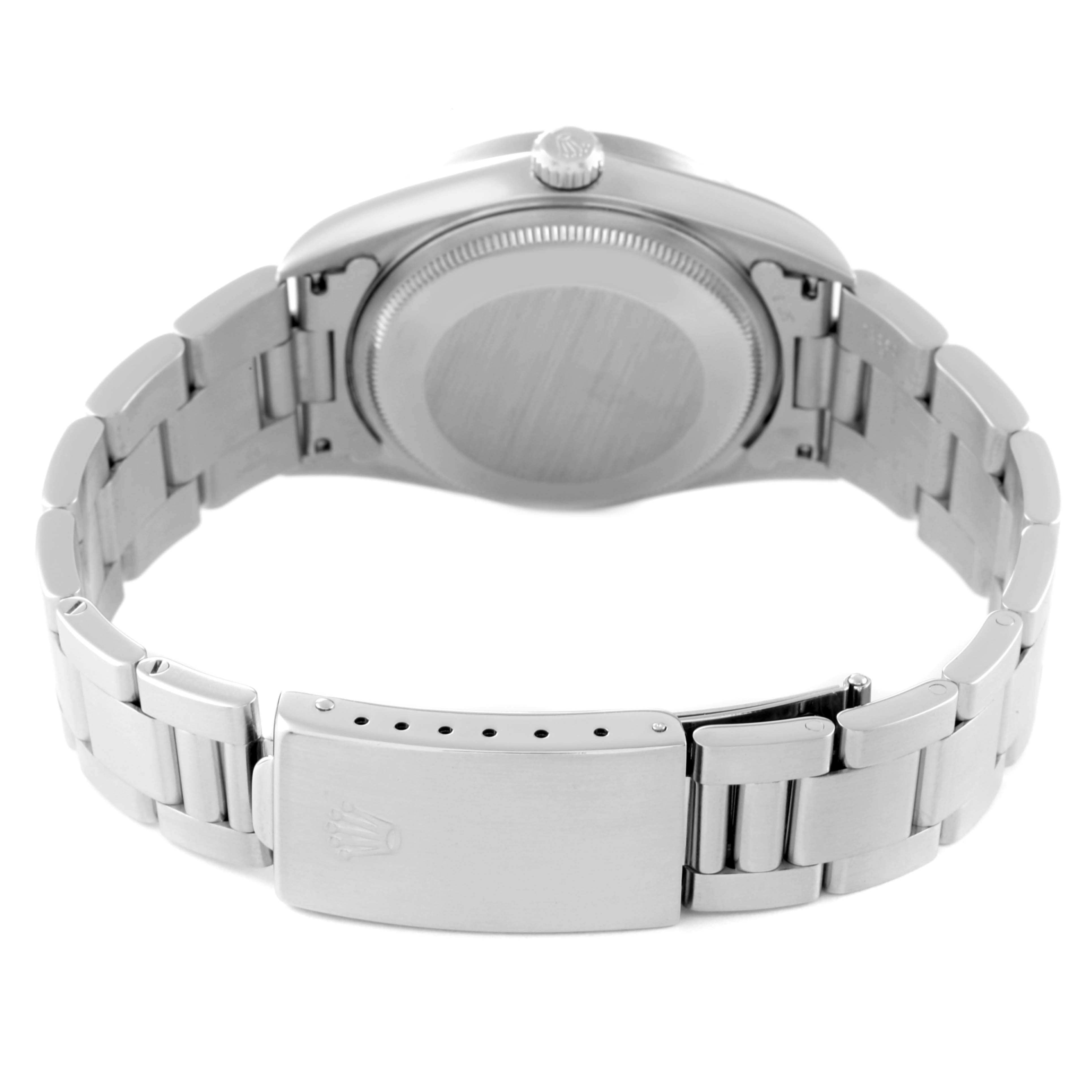 The image shows the back view of a Rolex Air-King 14010 Men's Stainless Steel Silver Dial 14010 Men's Stainless Steel Silver Dial watch, highlighting its case back, bracelet, and clasp.